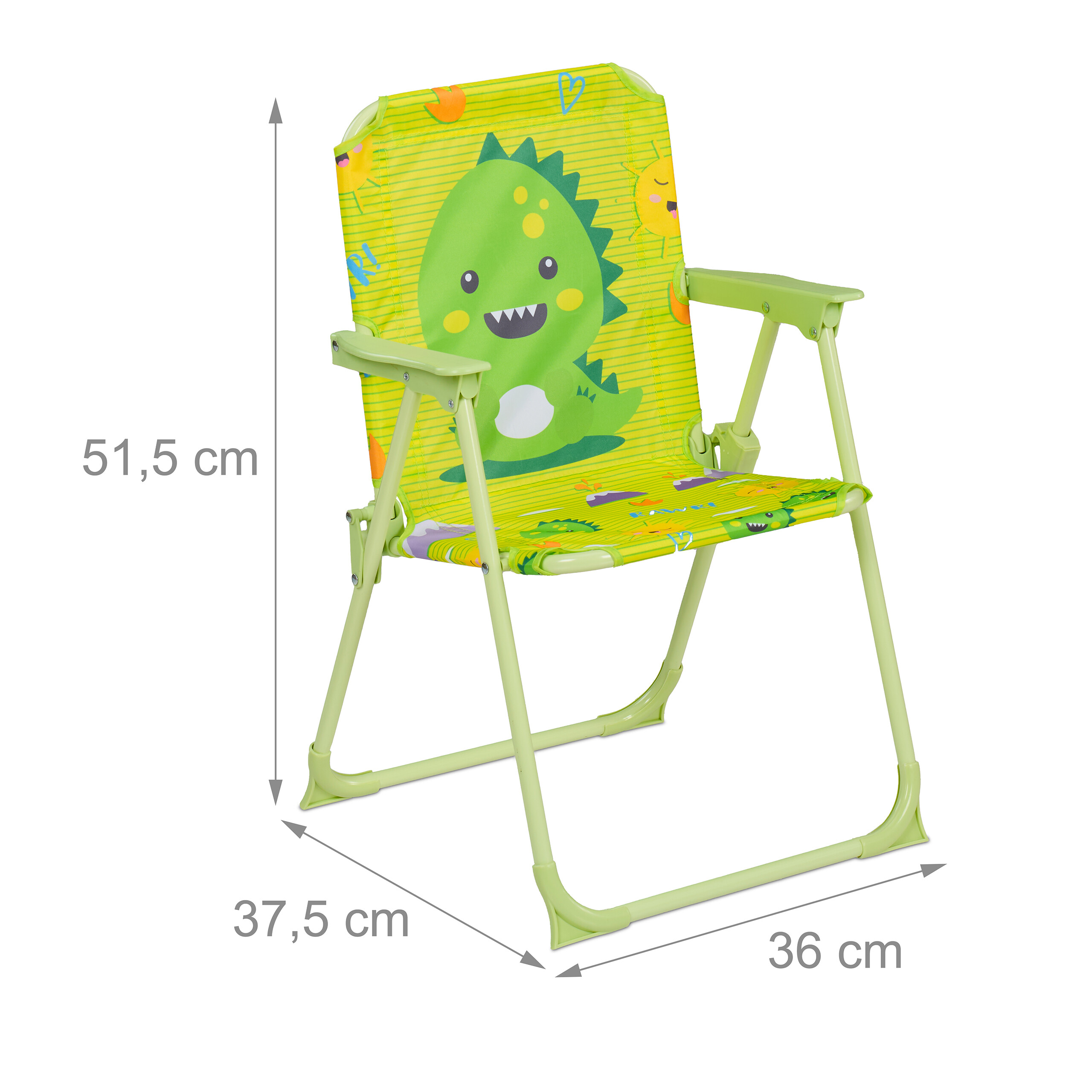 Grüner Kinder-Klappstuhl mit Dino-Muster und Maßangaben.