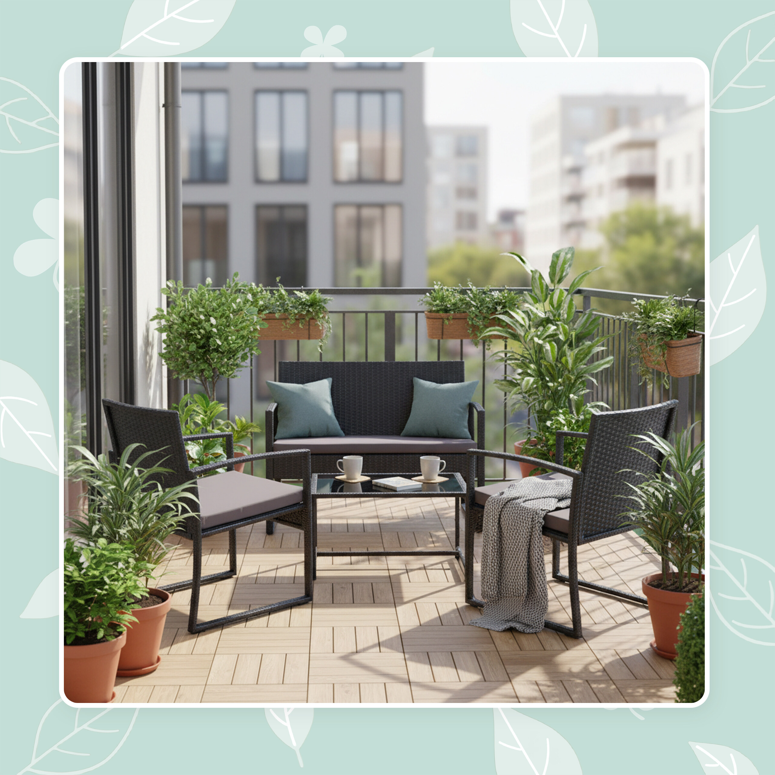 Moderne Balkonmöbel aus Rattan mit Kissen, einem Tisch und vielen grünen Pflanzen in Töpfen.