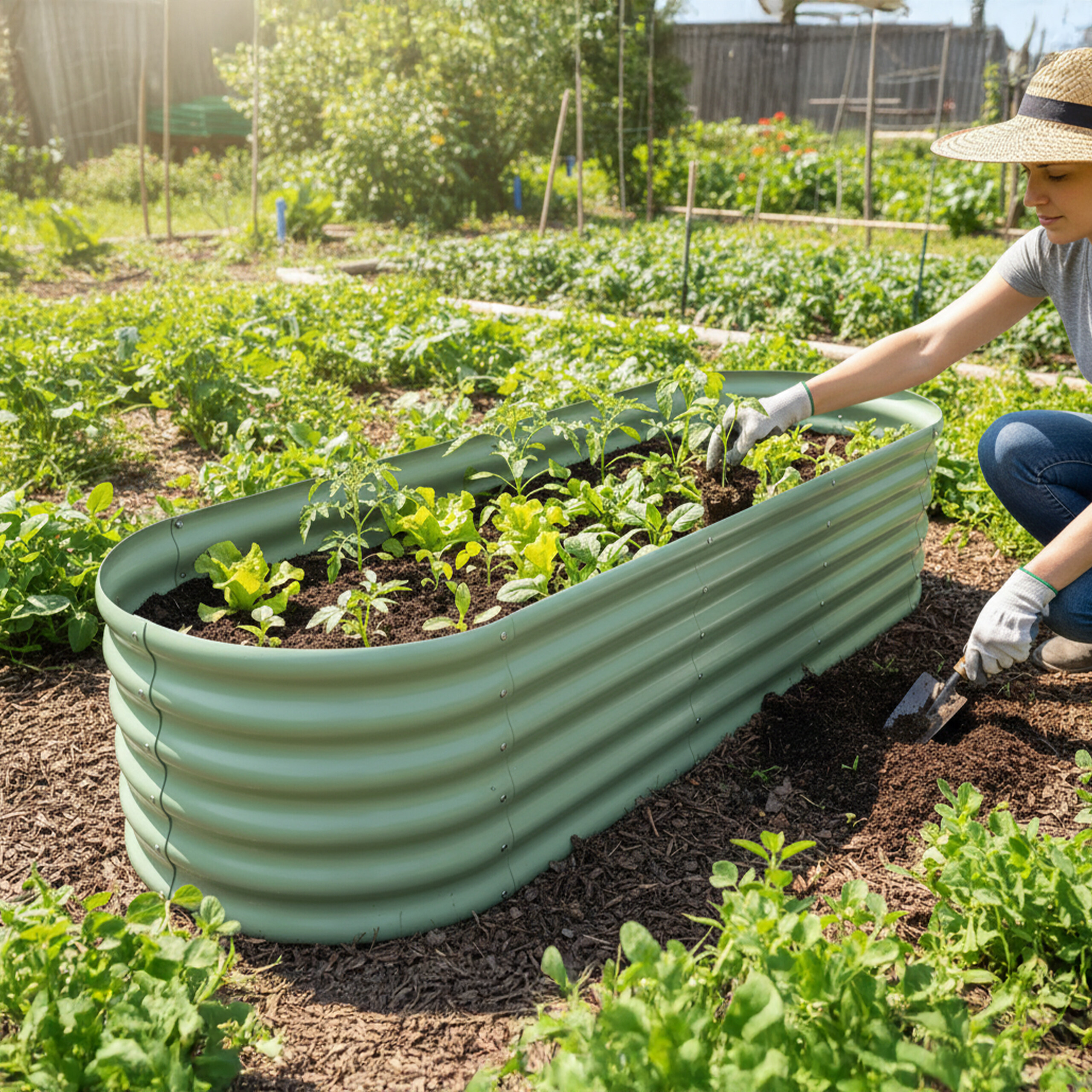Eine Frau mit Strohhut gärtnert in einem langen, hellgrünen Hochbeet im Garten.