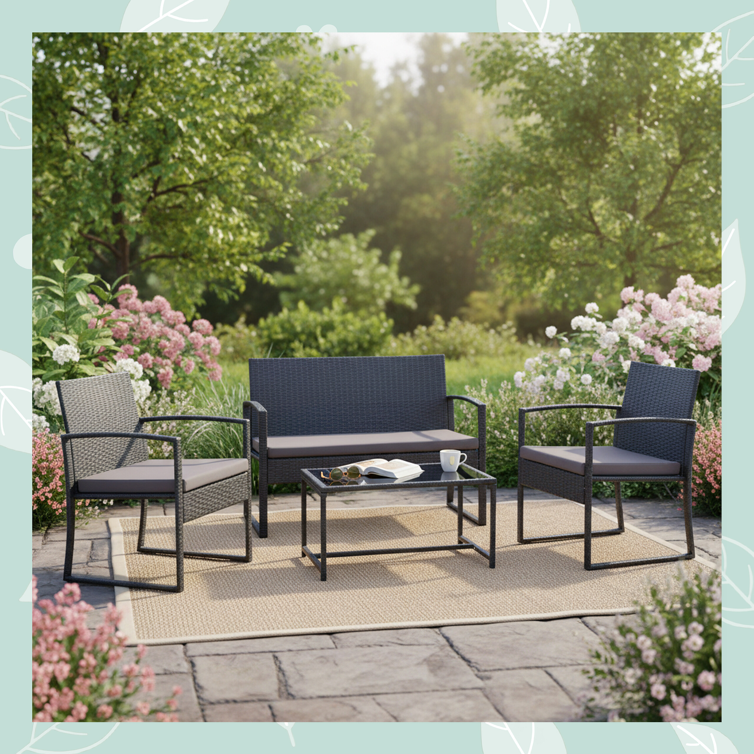 Graues Polyrattan-Gartenmöbelset auf einem Teppich in einem grünen Garten mit blühenden Blumen.