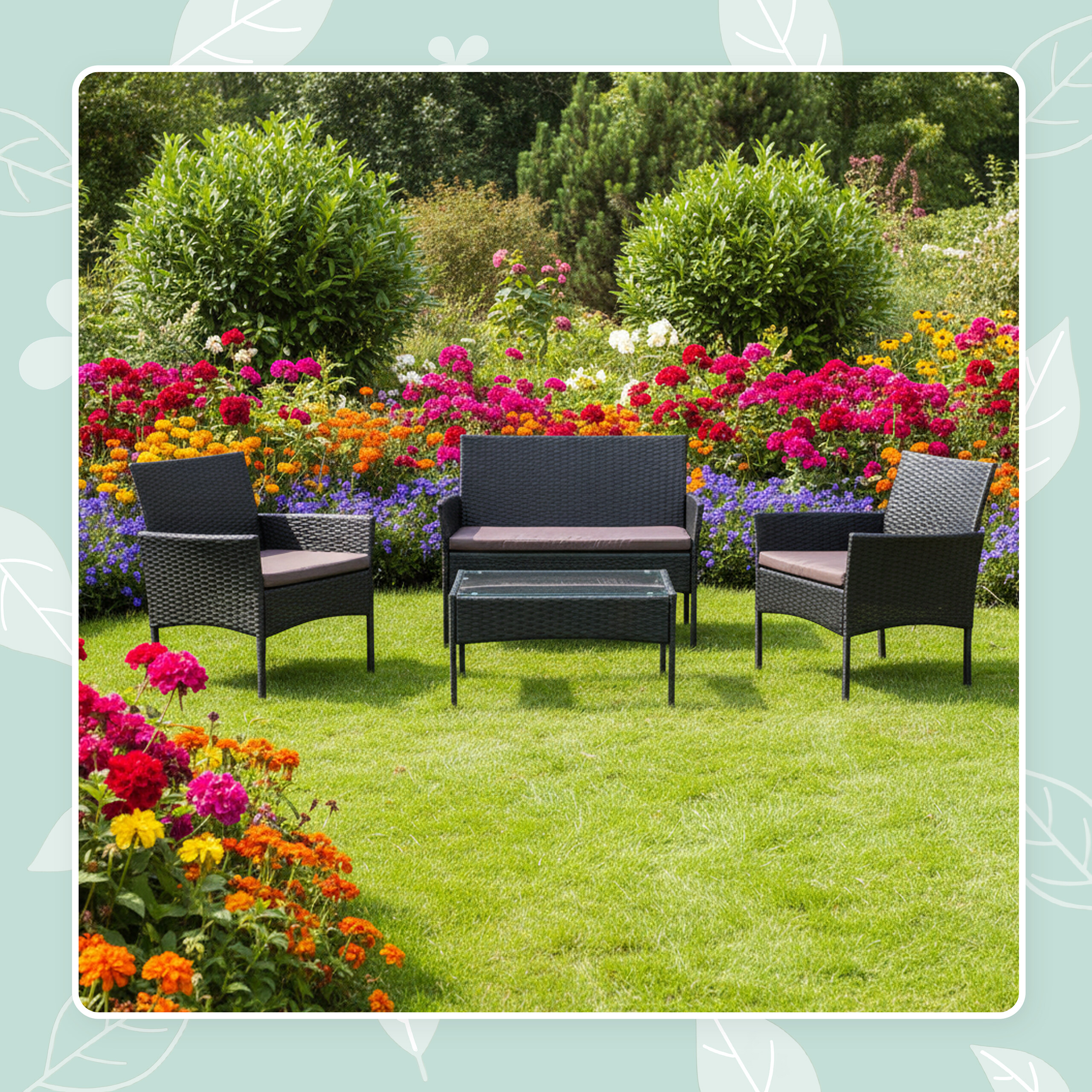 Schwarzes Rattan-Gartenmöbelset auf grünem Rasen vor einem bunten Blumenbeet.