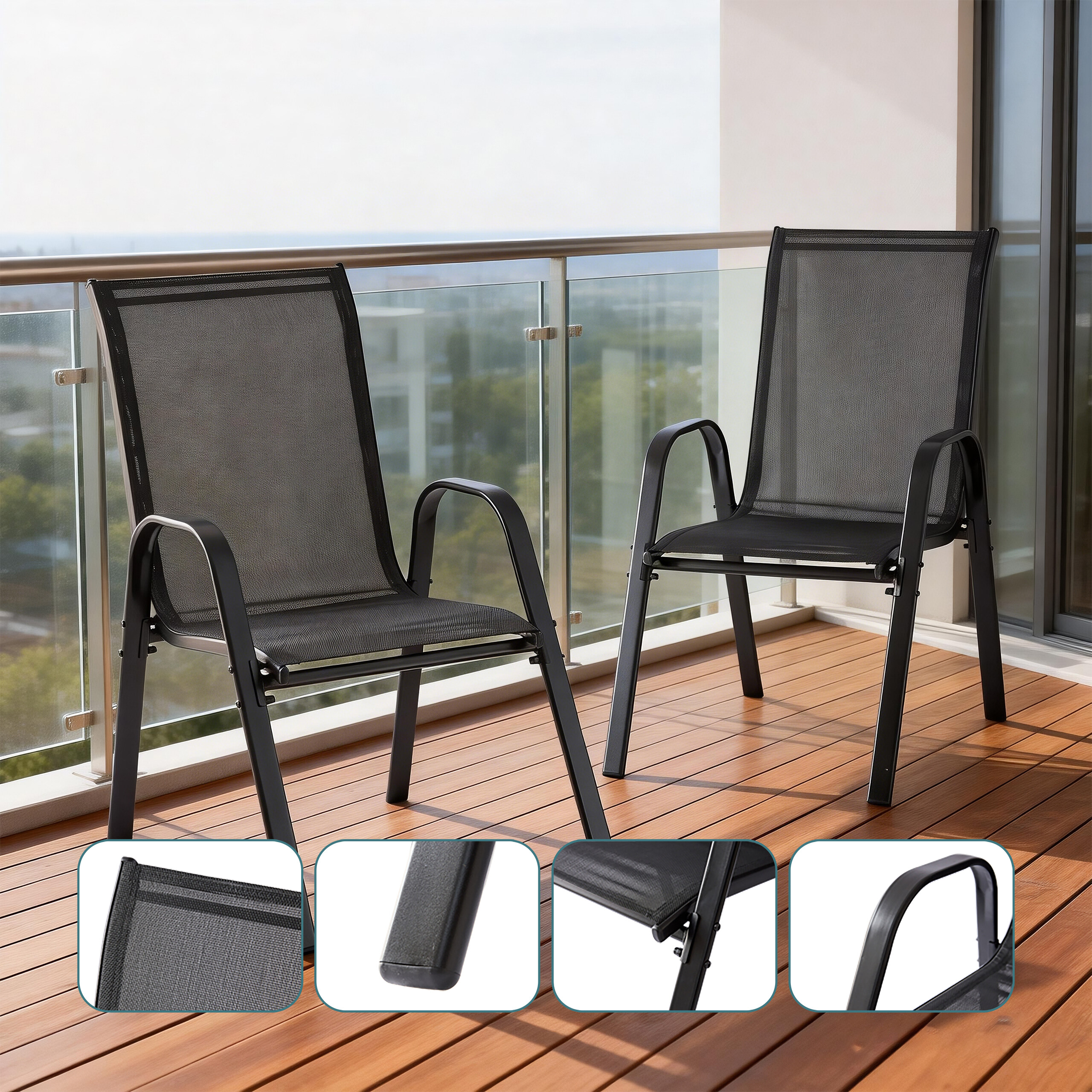 Zwei schwarze Metallgitterstühle auf Holzbalkon, mit vier Detailbildern unten.