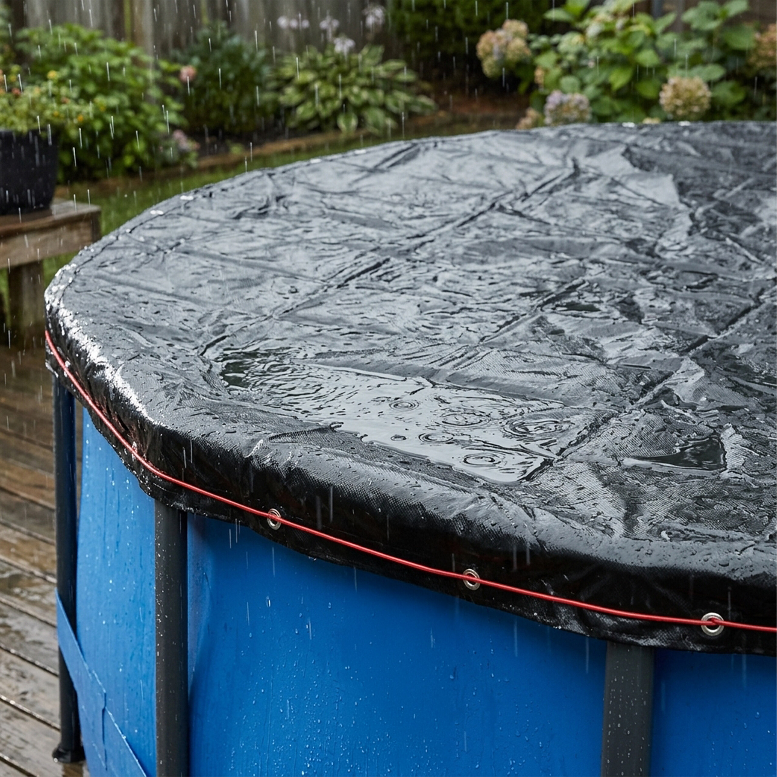 Ein blauer Aufstellpool mit schwarzer Plane im Regen.