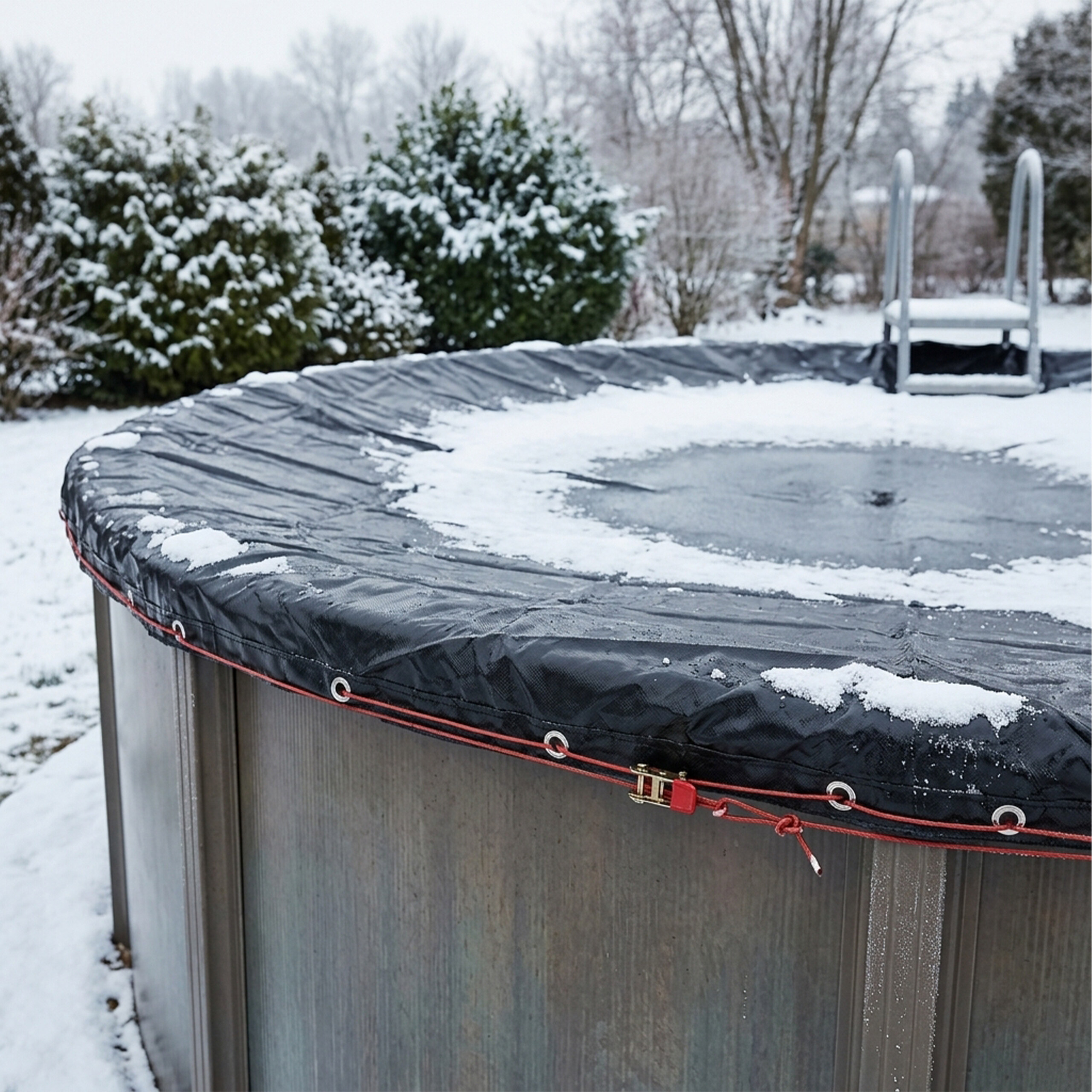 Ein oberirdischer Pool mit einer schwarzen Abdeckung und etwas Schnee im Winter.