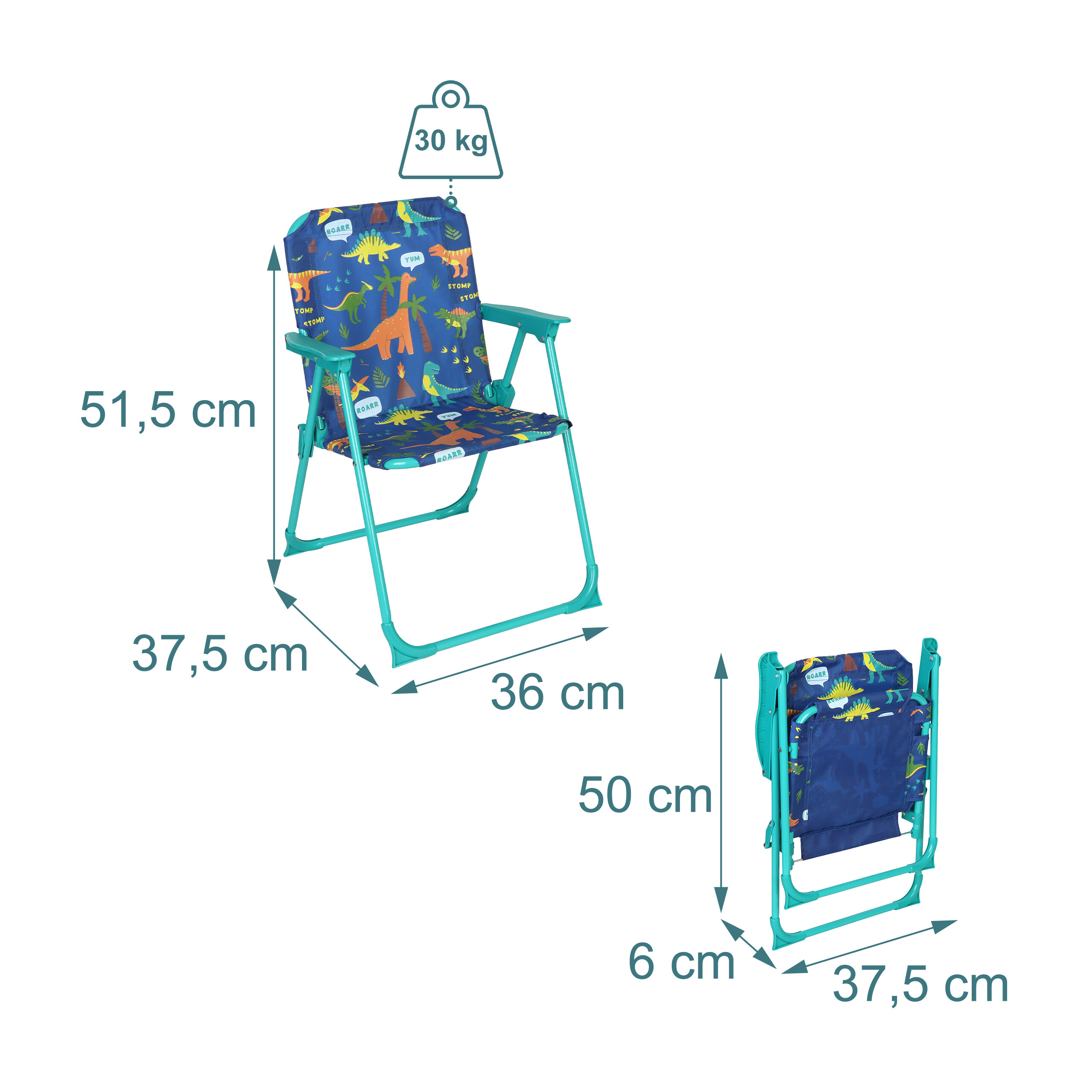 Blauer Kinder-Klappstuhl mit Dinosaurier-Muster, türkisfarbenem Metallrahmen und Maßen sowie 30 kg Gewichtslimit.
