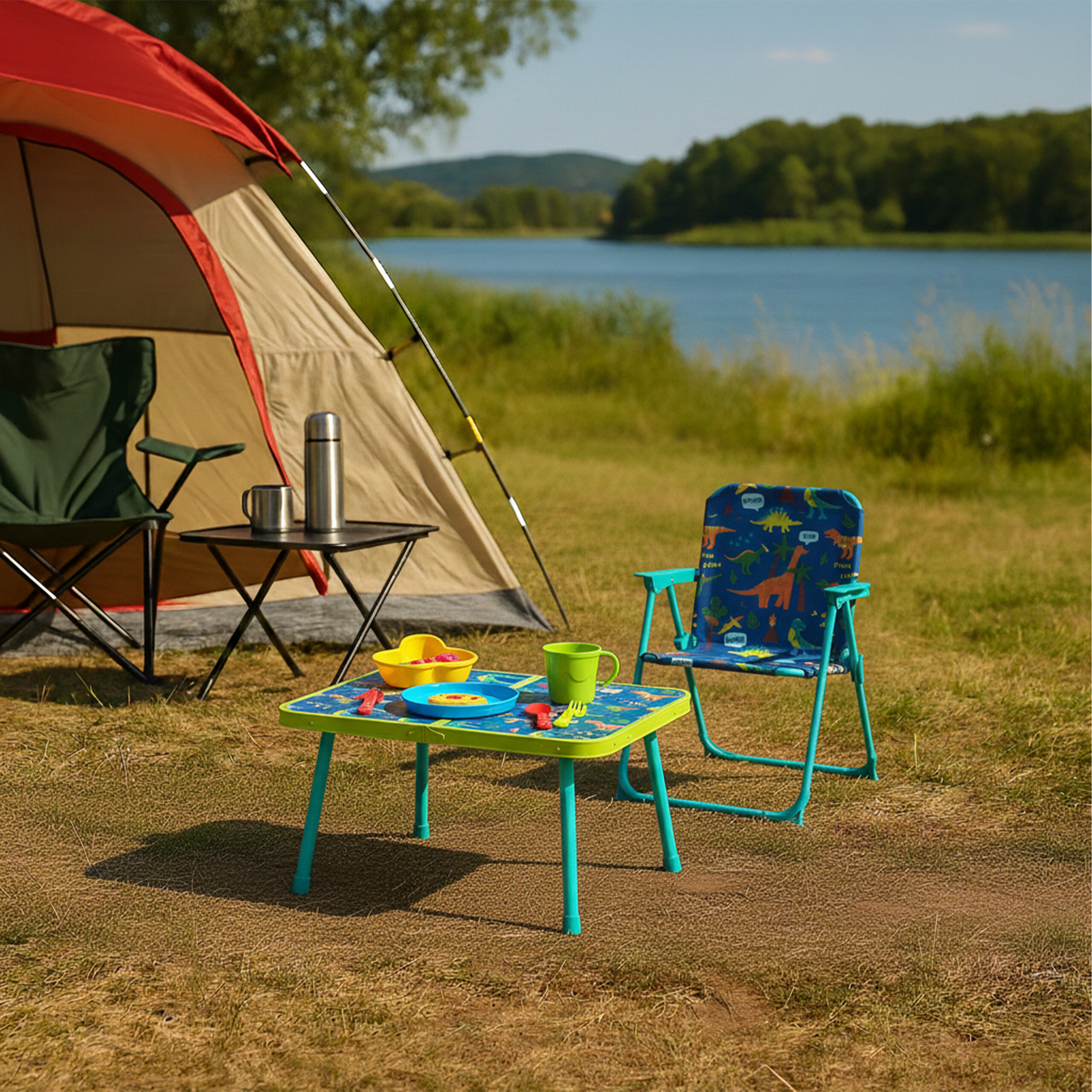 Ein Zelt und ein Kinder-Campingtisch mit Stuhl stehen am Seeufer in einer hügeligen Landschaft.