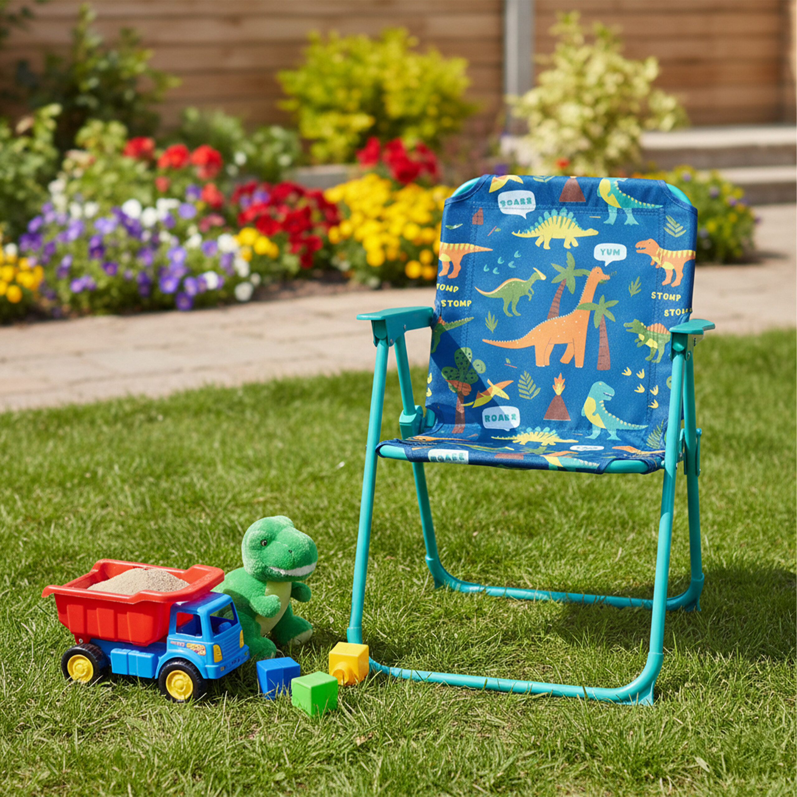 Ein blauer Kinder-Klappstuhl mit Dinosaurier-Muster steht im Garten, daneben ein Spielzeug-LKW und ein Plüsch-Dino.