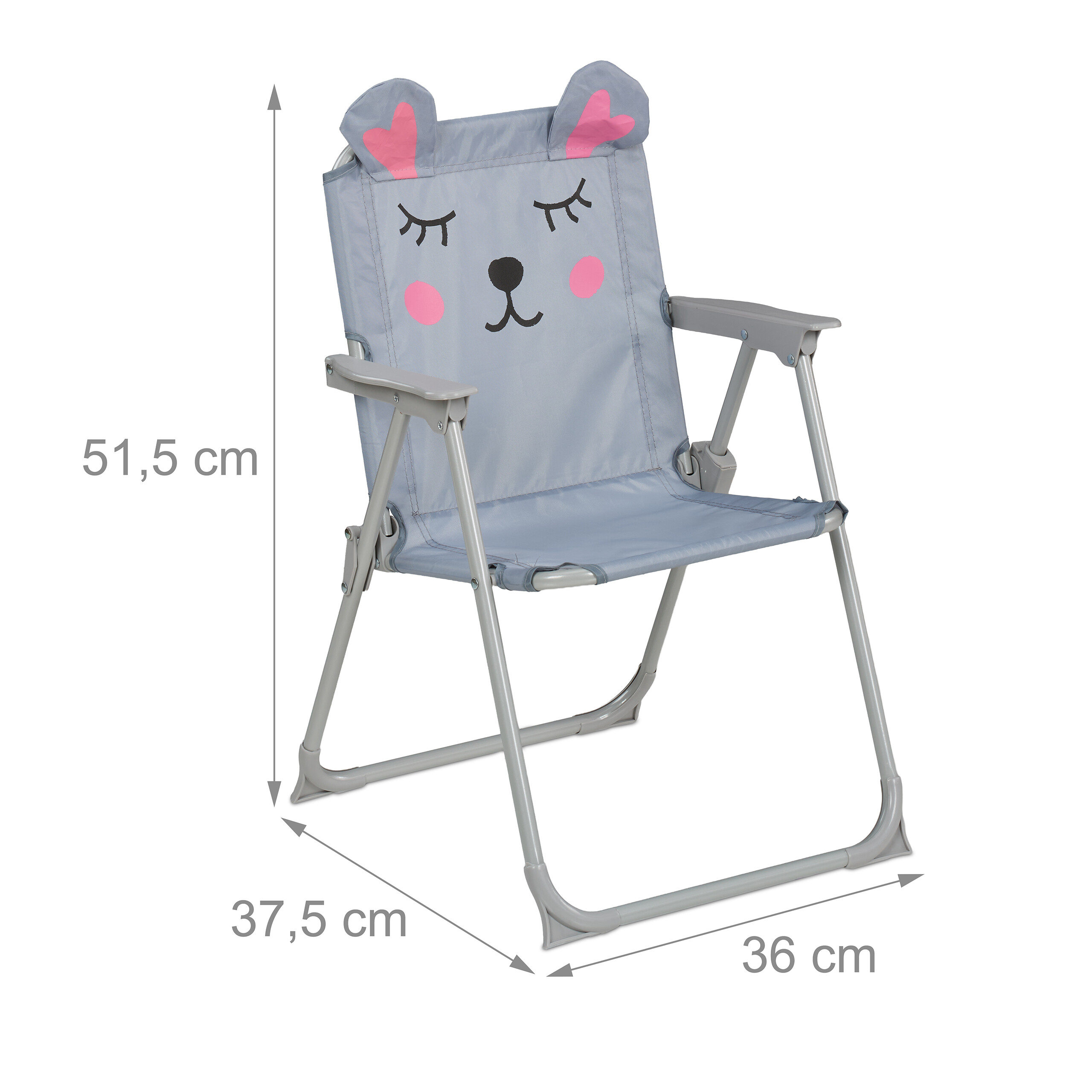 Grauer Kinder-Klappstuhl mit Bärenmotiv und Maßen von 51,5x37,5x36 cm.