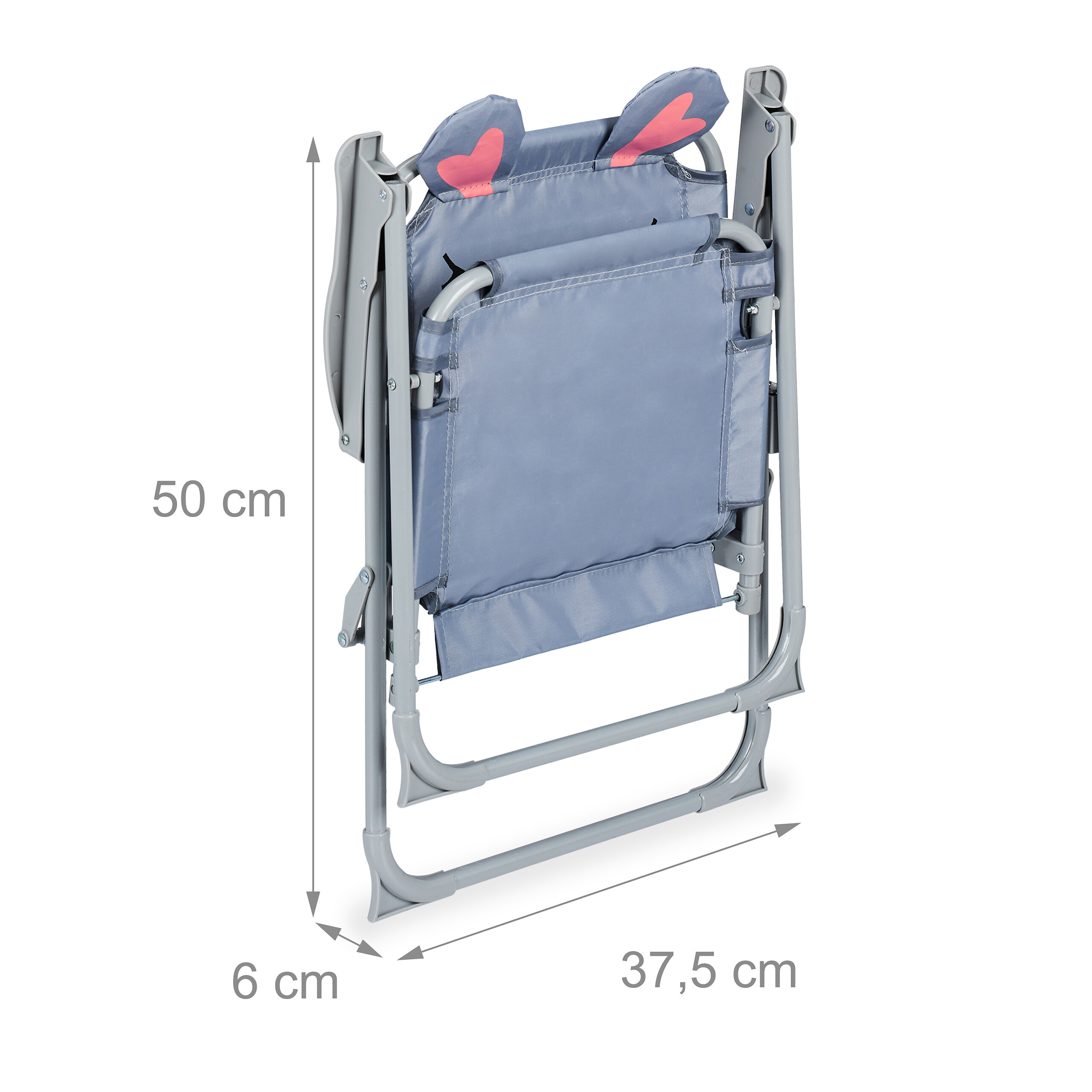 Gefalteter grauer Kinderstuhl mit Maßen: 50 cm Höhe, 37,5 cm Breite, 6 cm Tiefe.