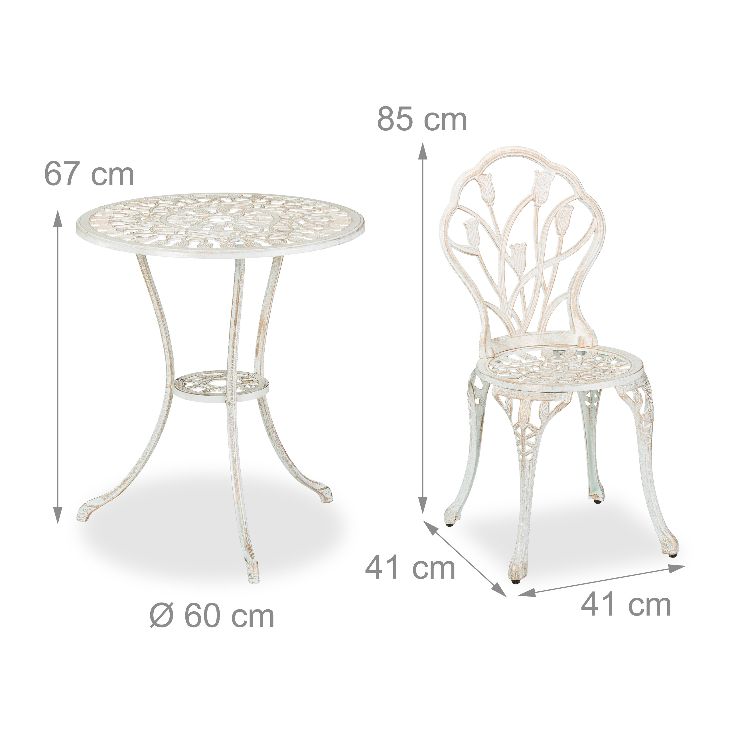 Weißes Bistromöbel-Set aus Metall mit Maßangaben für Tisch und Stuhl auf weißem Hintergrund.