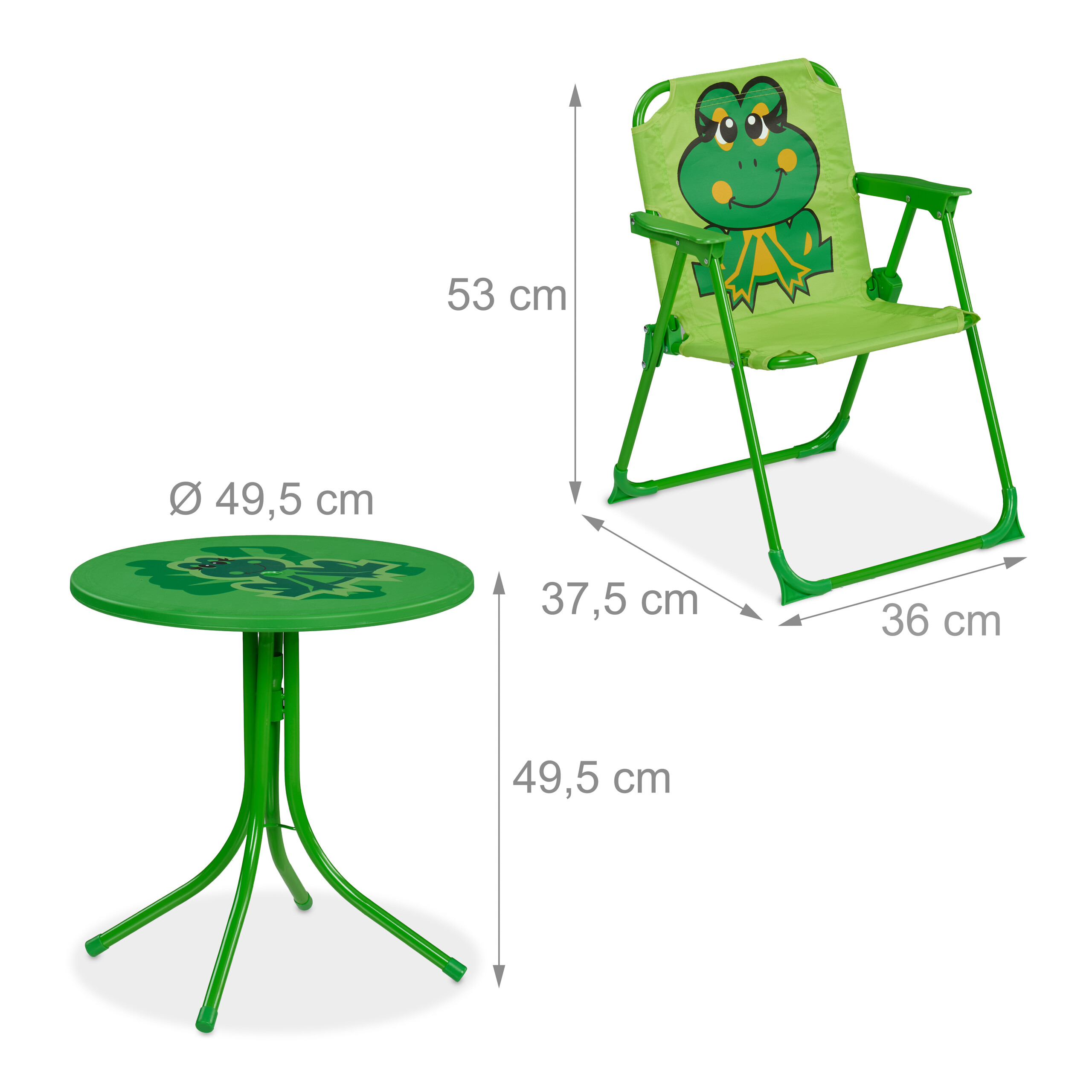 Ein grüner Kinder-Klappstuhl und runder Tisch mit Frosch-Motiv und Maßangaben auf weißem Hintergrund.