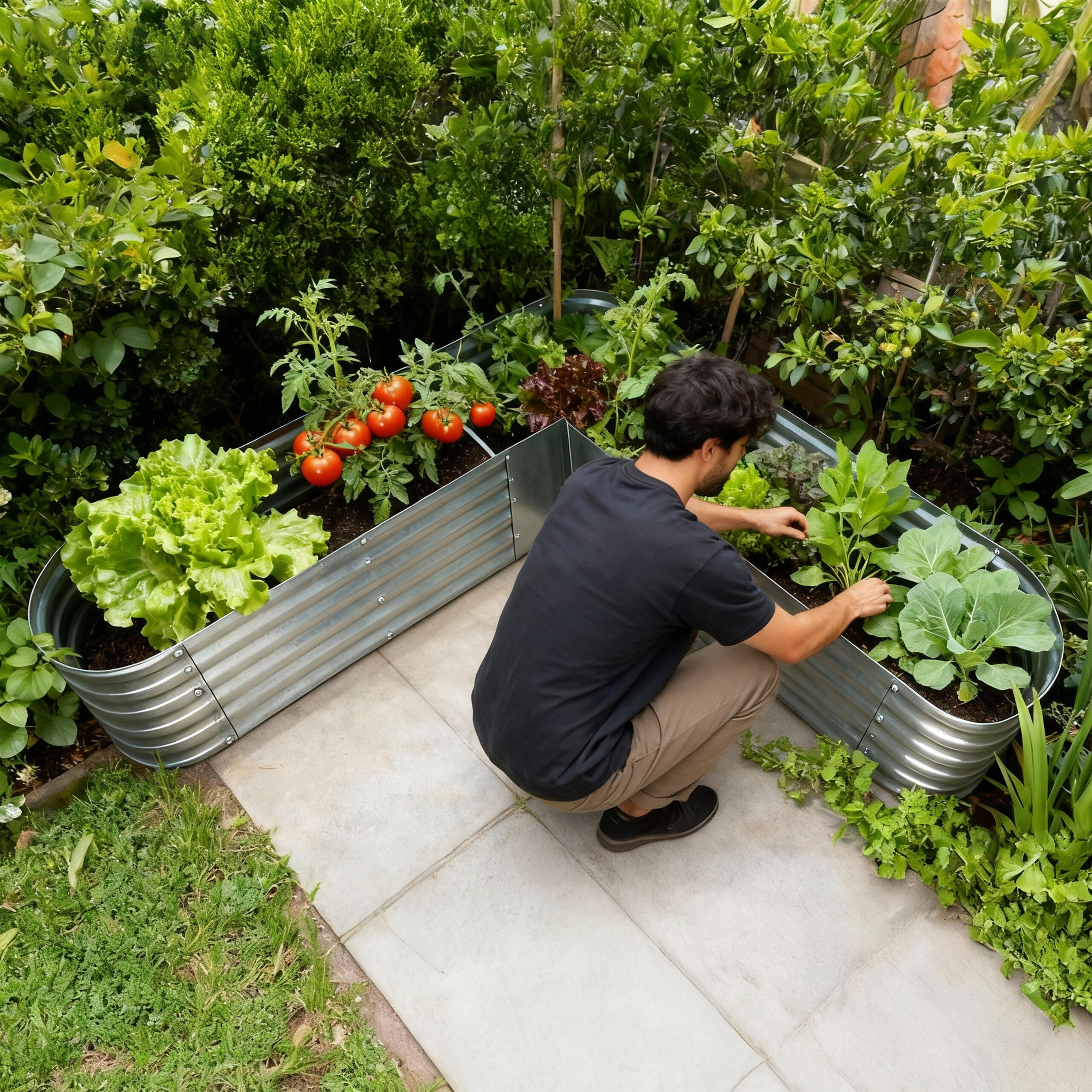 Ein Mann kniet neben Metallhochbeeten voller Salat und Tomaten in einem Garten.