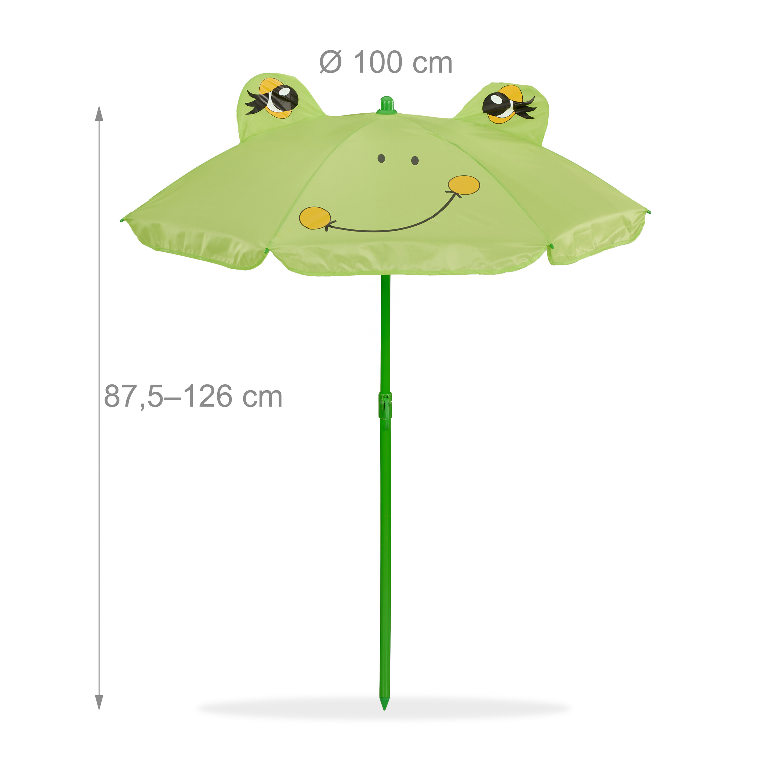 Ein grüner Regenschirm für Kinder im Frosch-Design mit 100 cm Durchmesser und verstellbarer Höhe von 87,5 bis 126 cm.