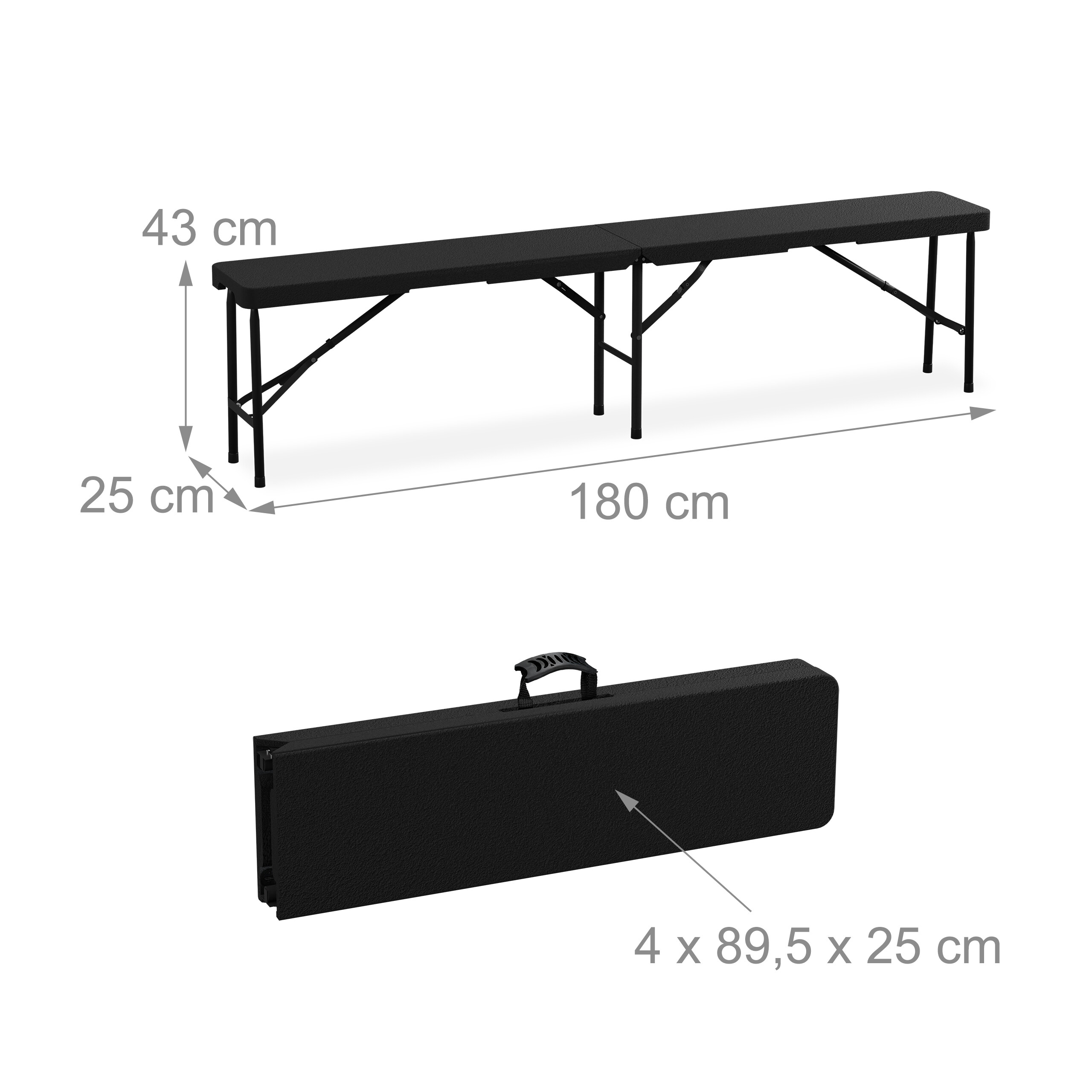 Schwarze Faltbank mit Maßen von 180x25x43 cm und einer zusammengeklappten Größe von 4x89,5x25 cm.