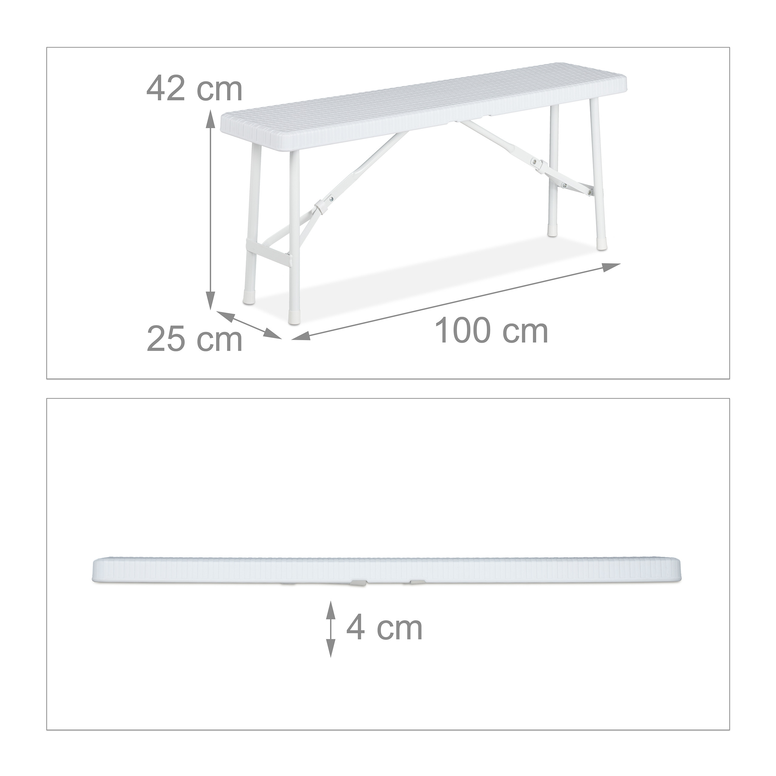 Technische Zeichnung einer weißen, faltbaren Bank mit Maßen von 100x25x42 cm und einer Höhe von 4 cm im gefalteten Zustand.