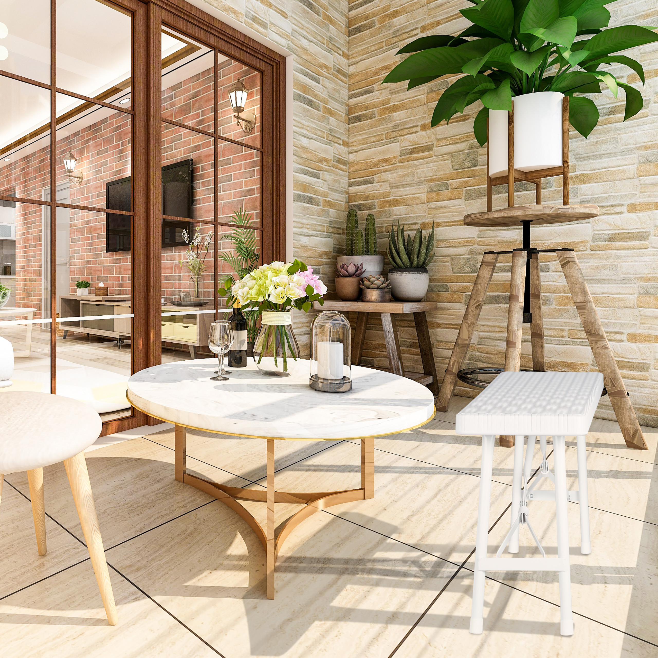 Moderne Terrasse mit runden Marmortisch, Blumen, Kerze, Pflanzenregal und Backsteinwand im Hintergrund.