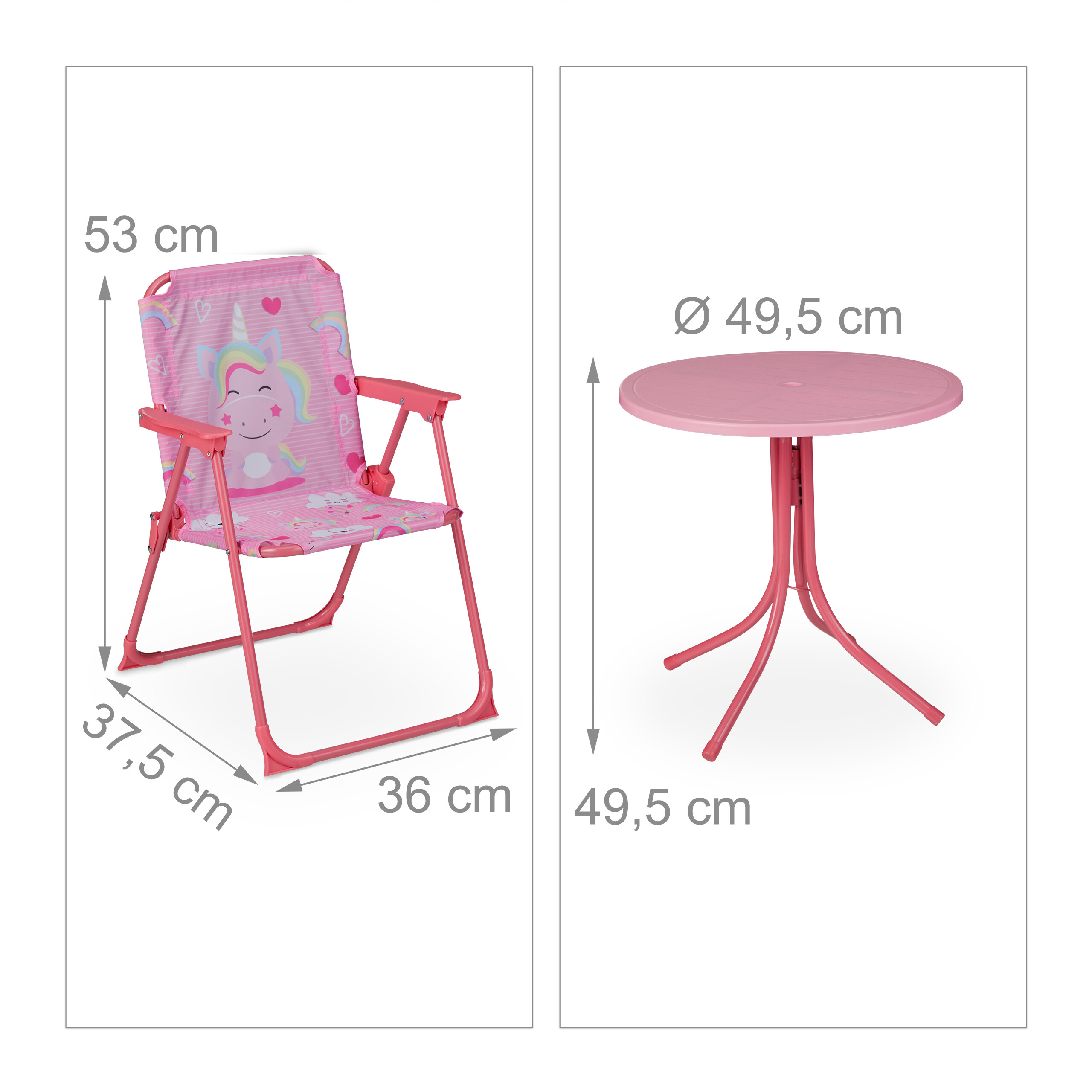 Pinker Kindersitz und kleiner runder Tisch mit Maßangaben.