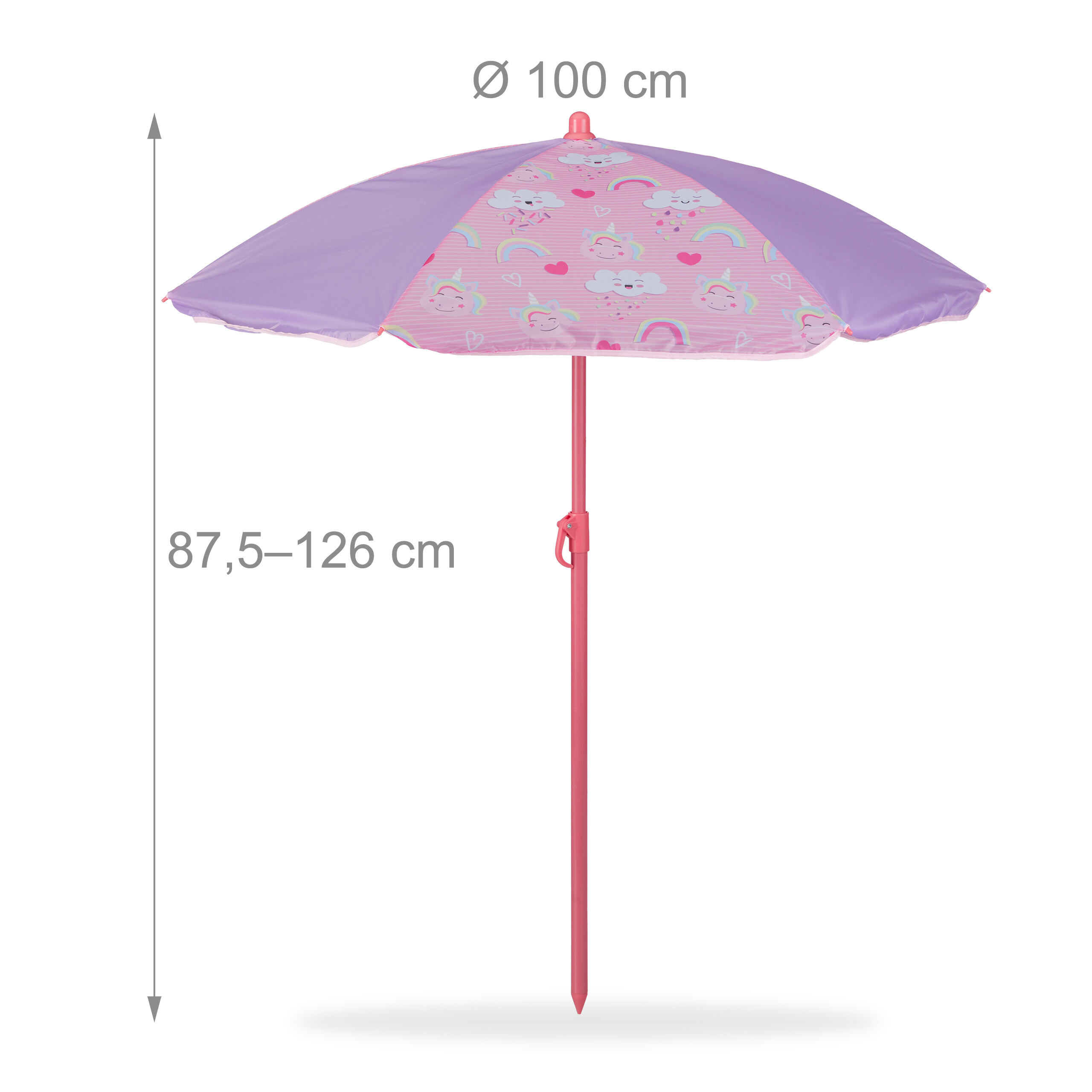 Rosa-lila Sonnenschirm mit Einhorn- und Regenbogenmuster, 100 cm Durchmesser, 87,5–126 cm höhenverstellbar.