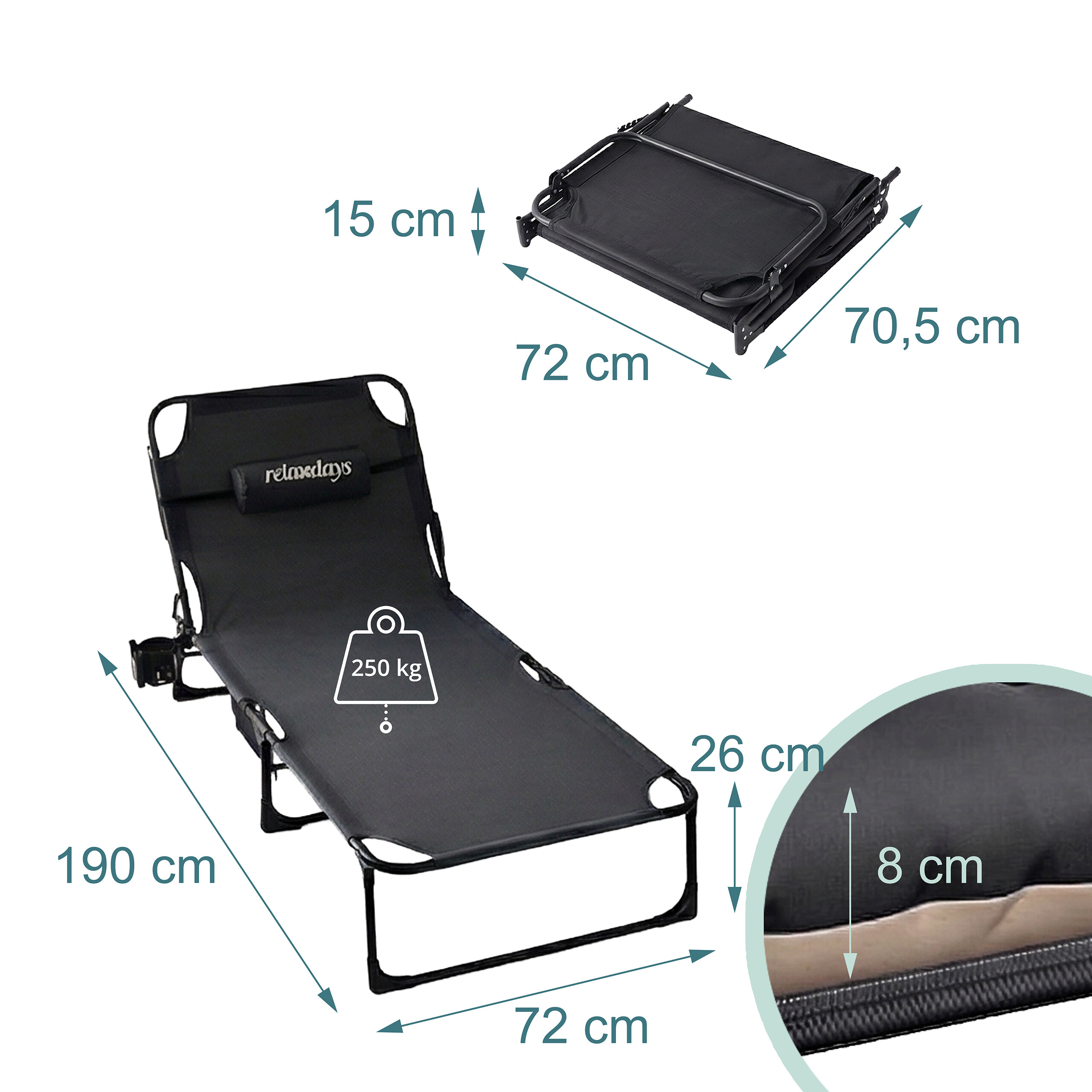 Technische Zeichnung mit Maßen einer schwarzen, klappbaren Sonnenliege für bis zu 250 kg.