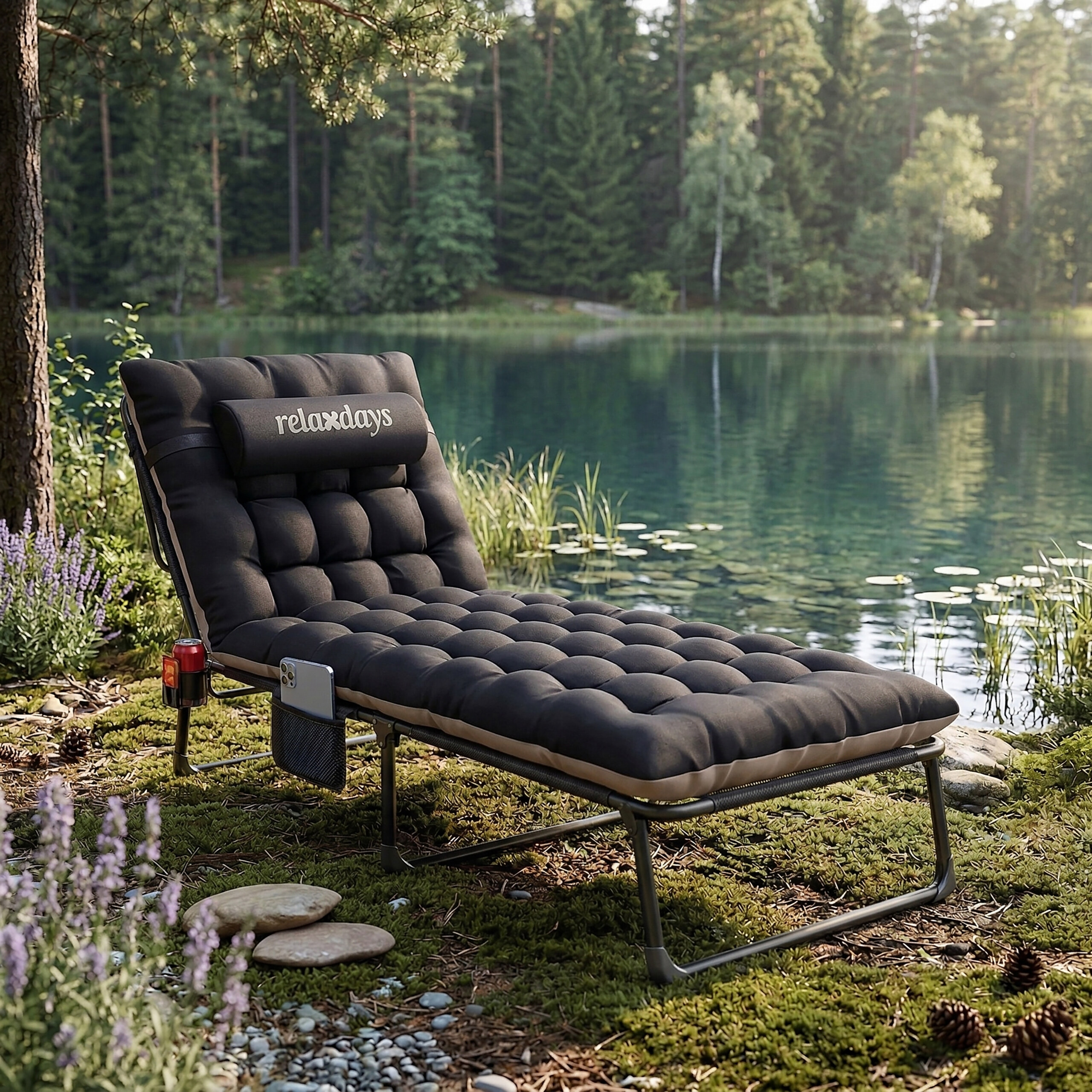 Eine schwarze Relaxliege mit Kissen steht am waldgesäumten Seeufer mit Seerosen.