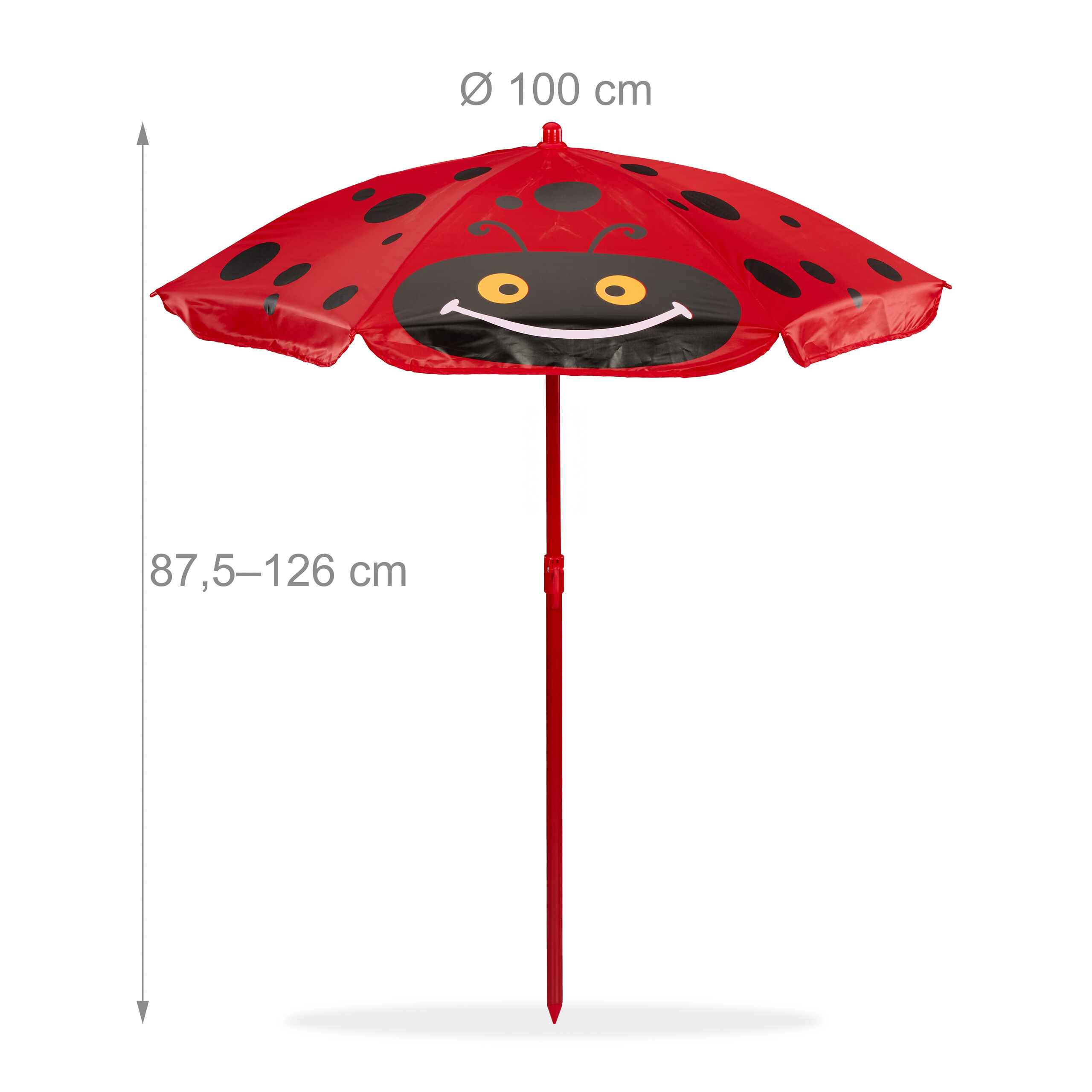 Roter Sonnenschirm mit Marienkäfer-Motiv, Gesichtsdetail und Maßen 100 cm Durchmesser und 87,5 bis 126 cm Höhe.