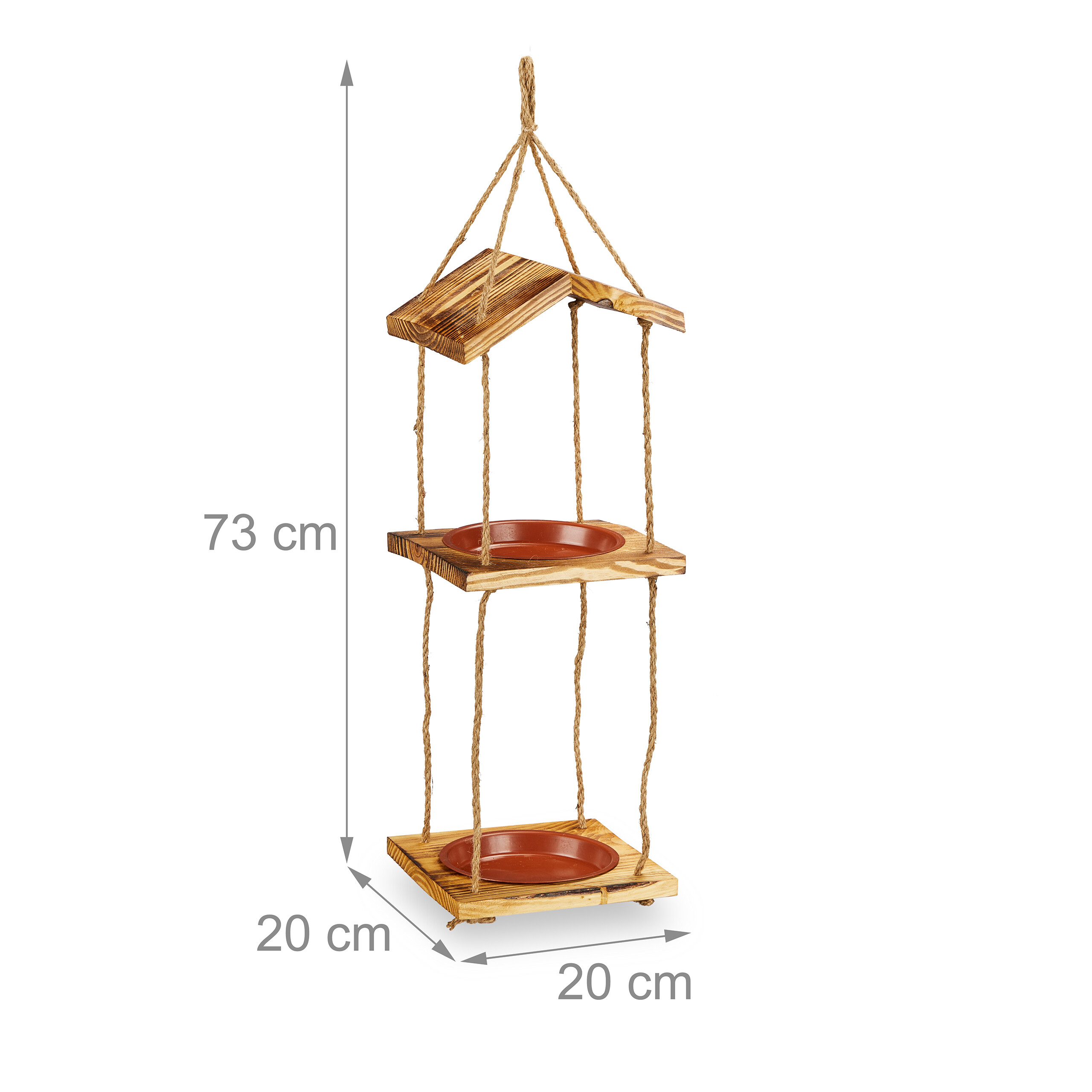 Hängendes, zweistöckiges Vogelhäuschen aus Holz mit braunen Schalen und Seilen, 73x20x20 cm groß.