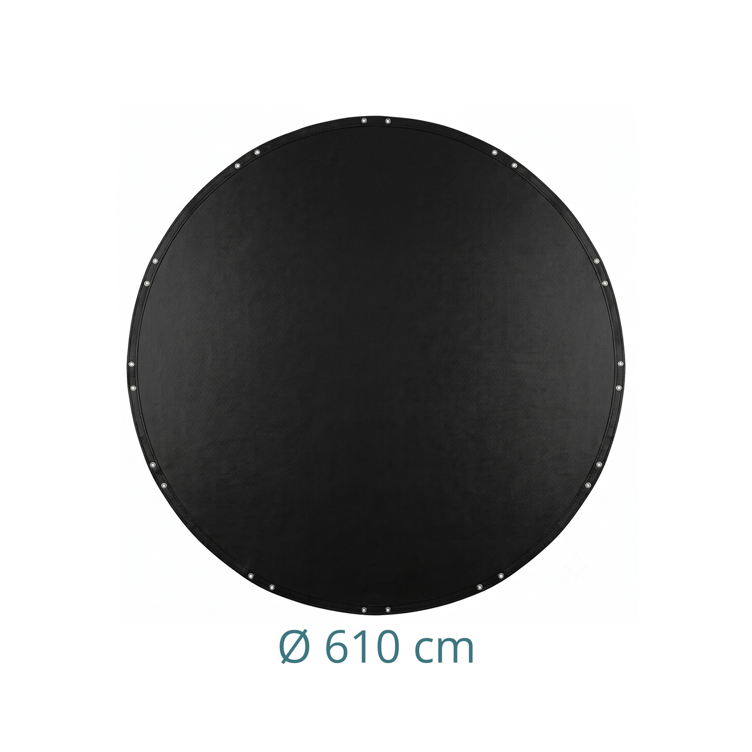 Eine schwarze, runde Trampolinmatte mit Metallösen am Rand und der Aufschrift 610 cm Durchmesser darunter.