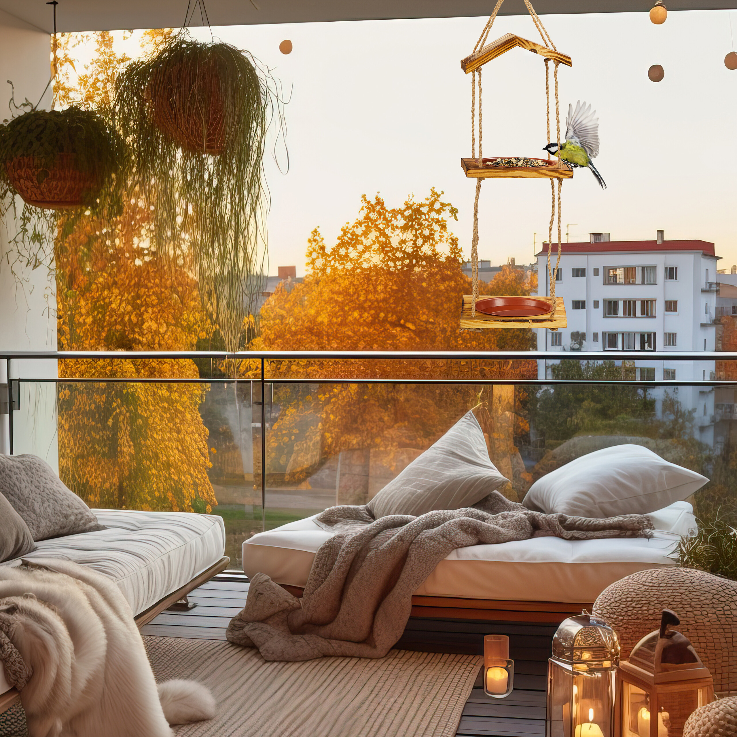 Ein gemütlicher Balkon mit hängendem Vogelhäuschen, Pflanzen, Kissen und warmem Kerzenlicht vor herbstlicher Kulisse.