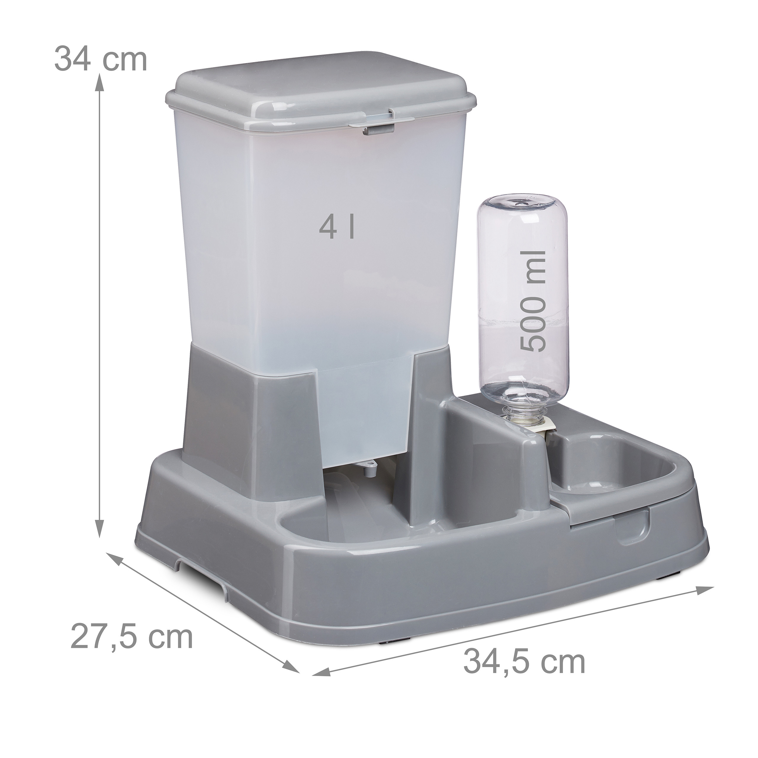 Grauer Futter- und Wasserspender für Haustiere, 34x34.5x27.5 cm mit 4L Behälter.