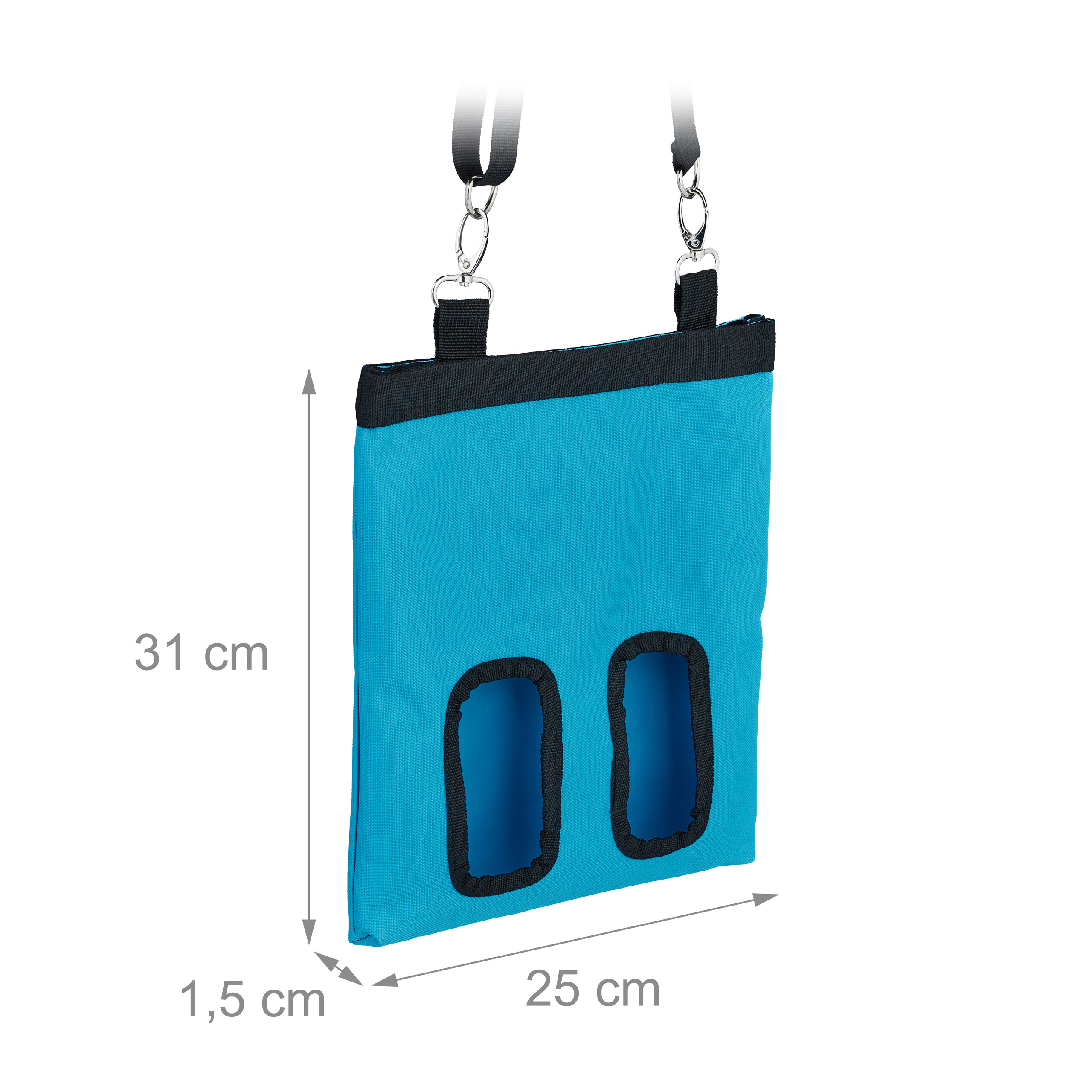 Blaue Stofftasche mit zwei Netzen, Schultergurt und Maßangaben.
