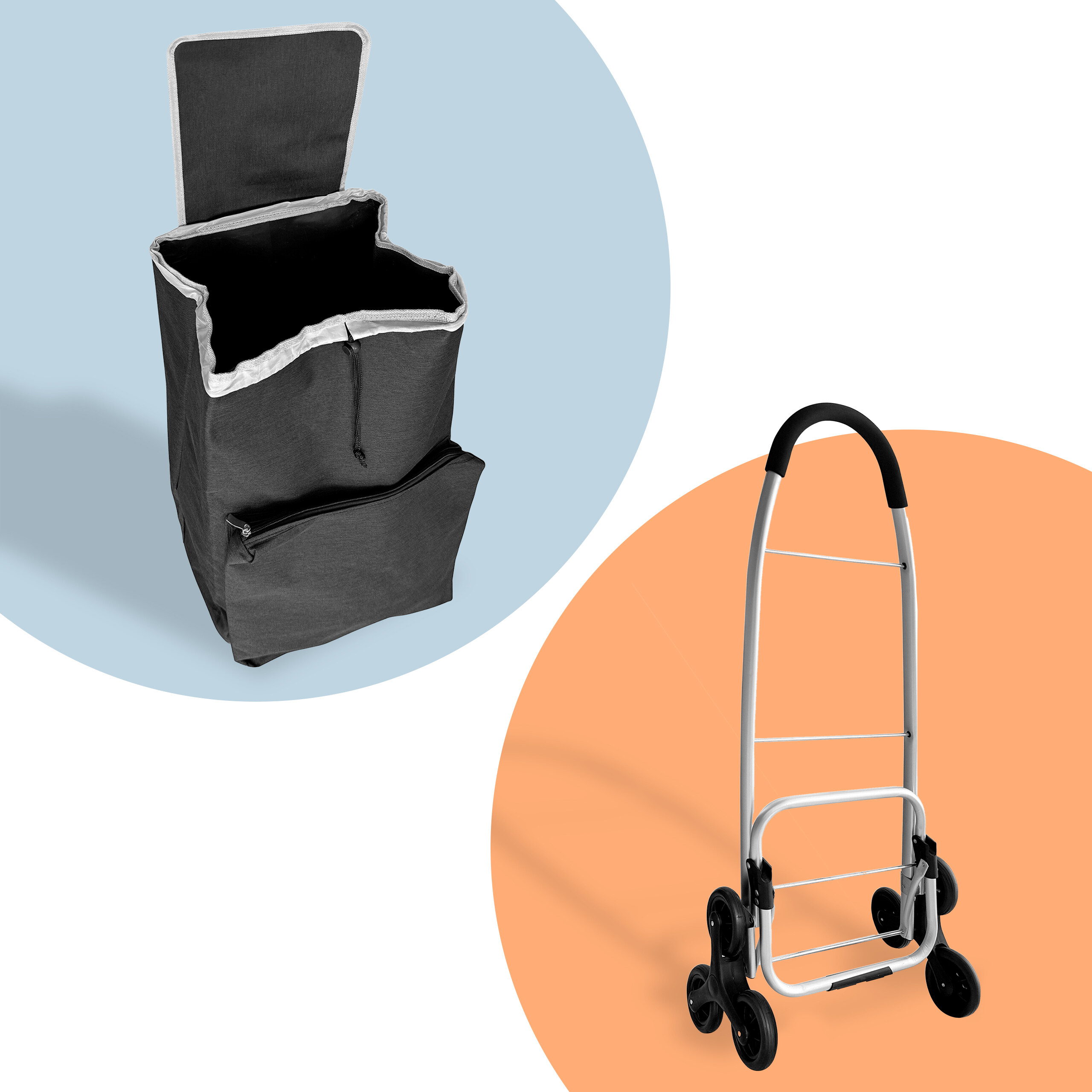 Ein grauer Einkaufstrolley mit abnehmbarer Tasche auf blau-orangefarbenem Hintergrund.