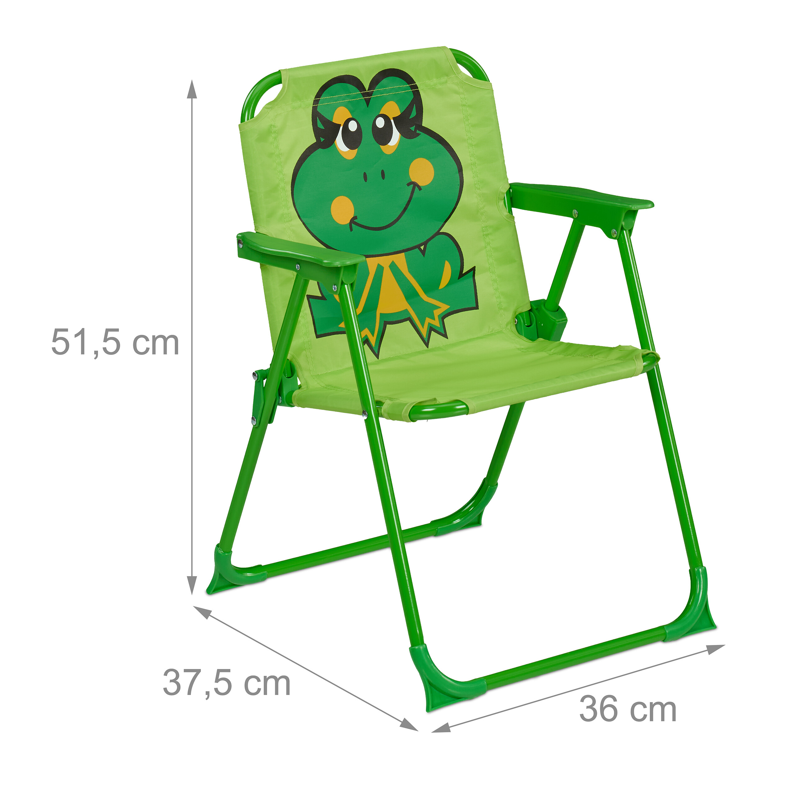 Grüner Kinder-Klappstuhl mit Frosch-Motiv und Maßen.