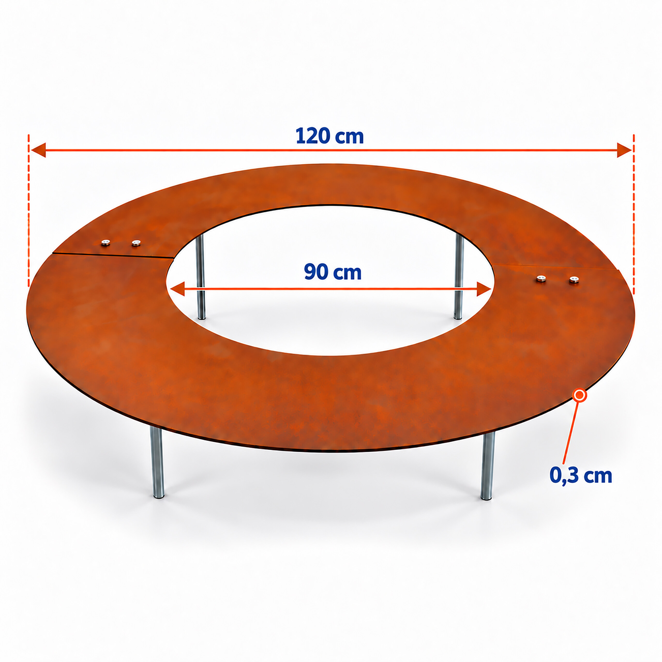 Runde braune Baumringbank aus Metall mit Maßen: 120 cm Aussendurchmesser, 90 cm Innendurchmesser, 0,3 cm Dicke.