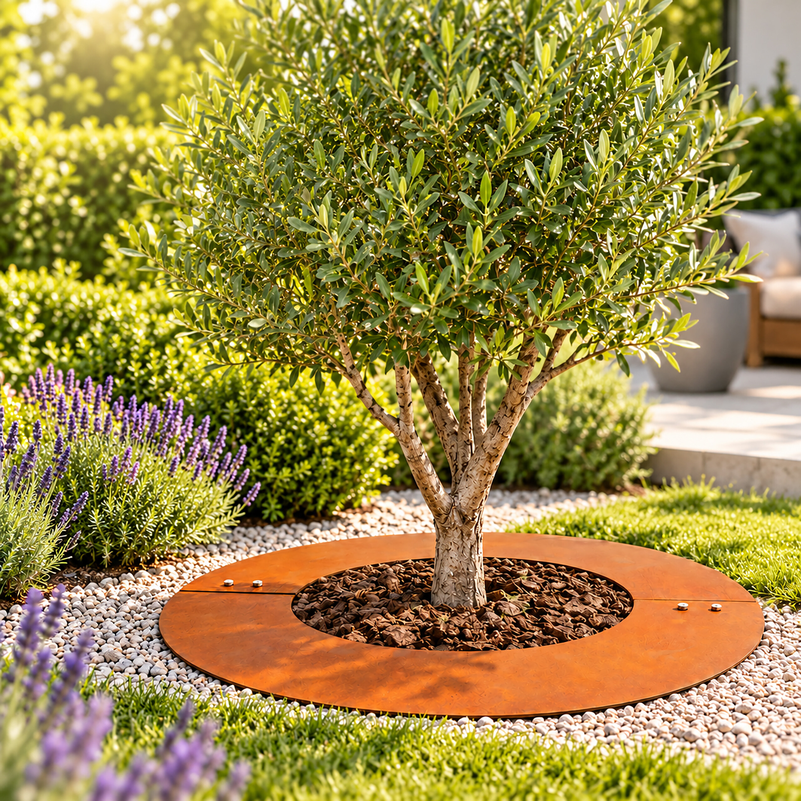 Ein üppiger Olivenbaum in einem Garten, umgeben von einem Metallring, Kies und violetten Lavendelblüten im Sonnenlicht.