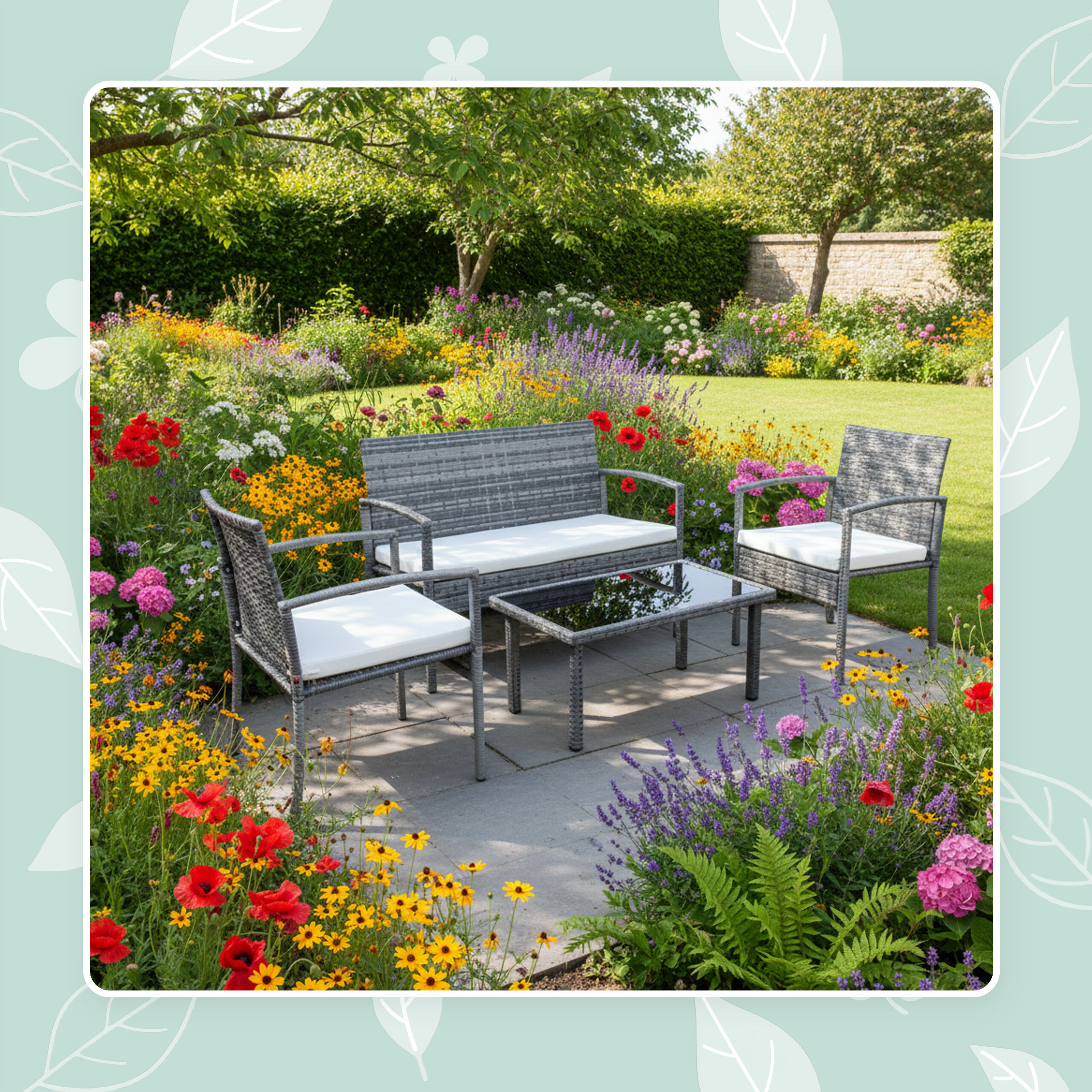 Graue Polyrattan-Gartenmöbel mit weißen Kissen stehen auf einer Steinterrasse inmitten bunter Blumen.