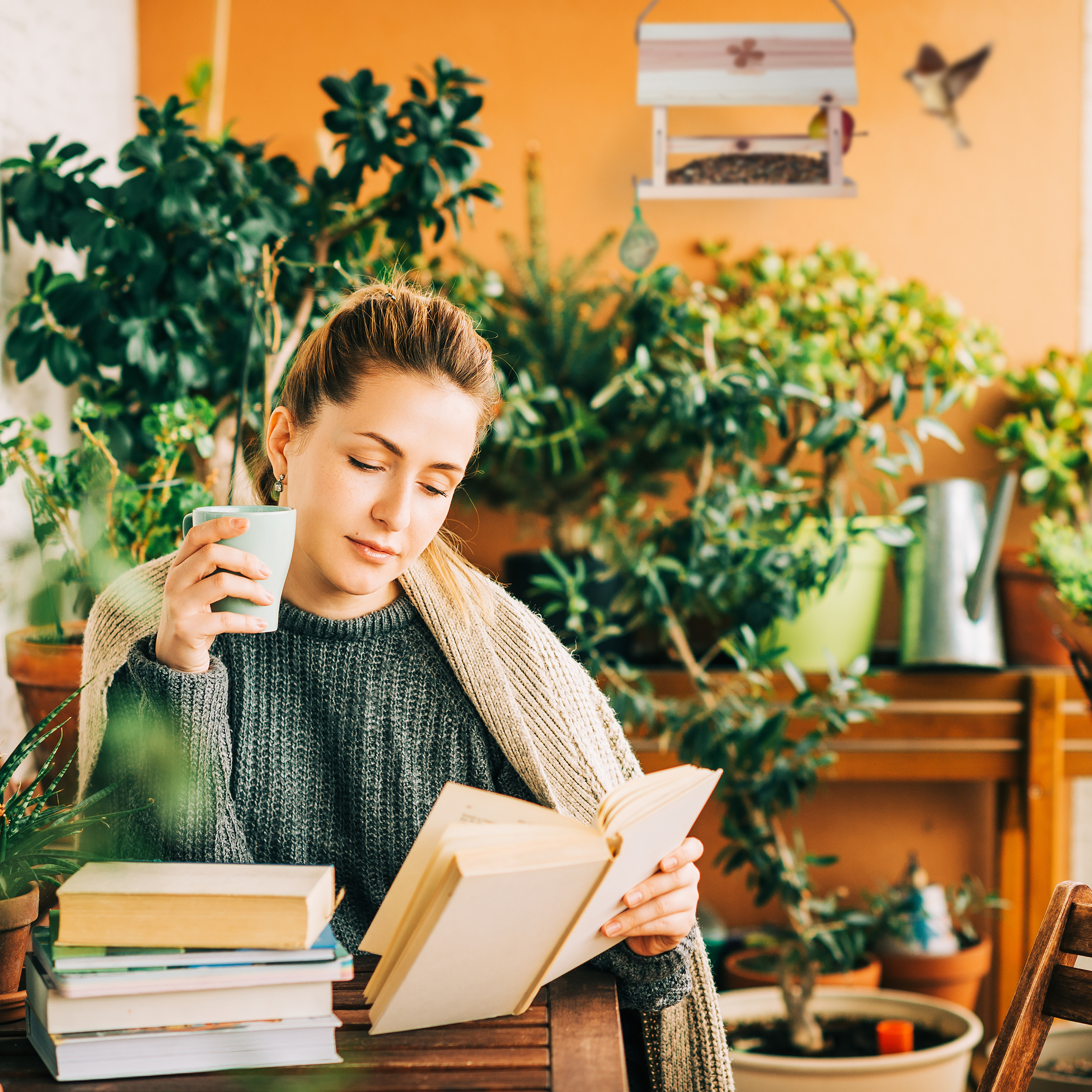 Eine blonde Frau in einem grauen Pullover sitzt umgeben von grünen Pflanzen, liest ein Buch und hält eine Tasse.