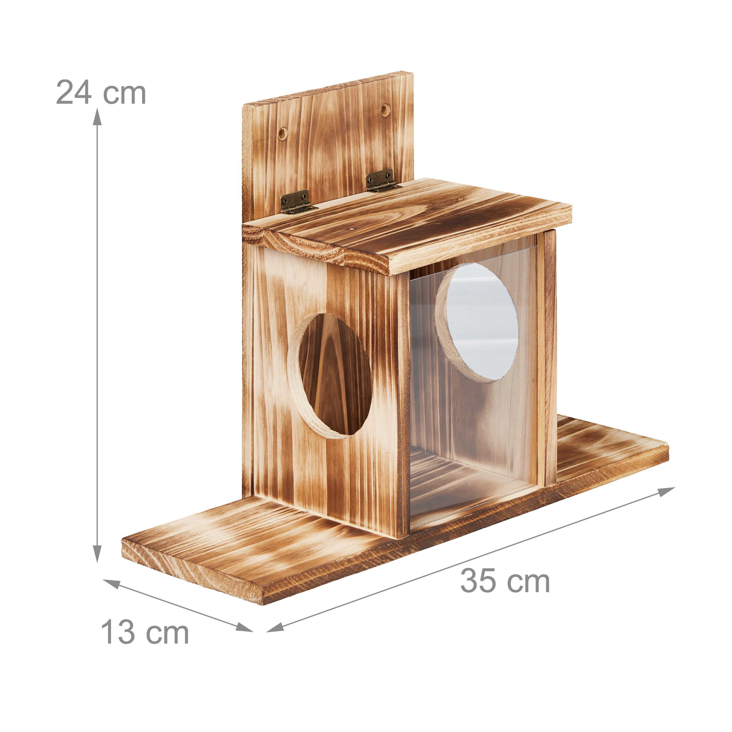 Holz-Nistkasten mit Maßen 24 cm Höhe, 35 cm Breite und 13 cm Tiefe.