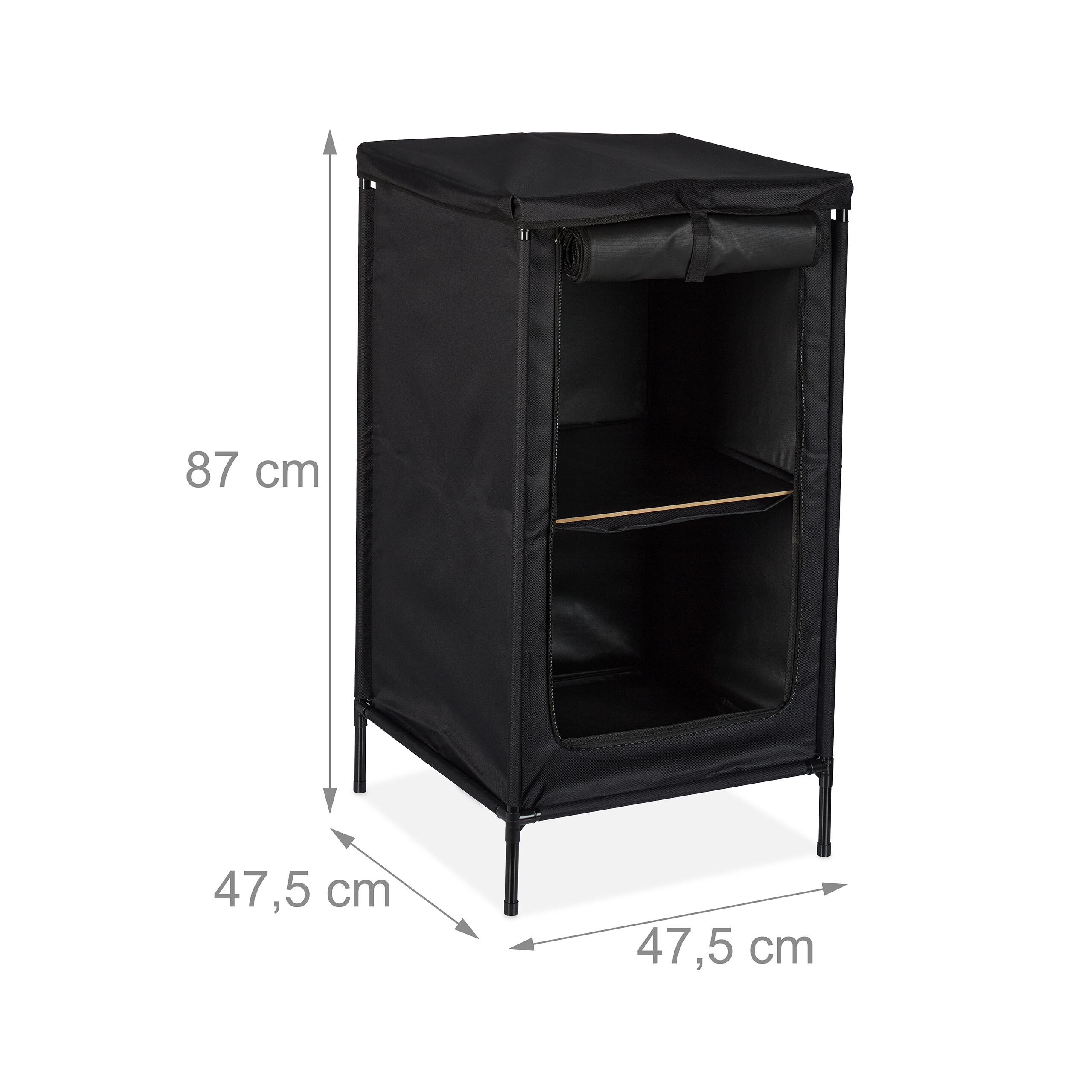 Schwarzer Stoffschrank mit Metallrahmen, offenen Regalen und Abmessungen von 87x47,5x47,5 cm.