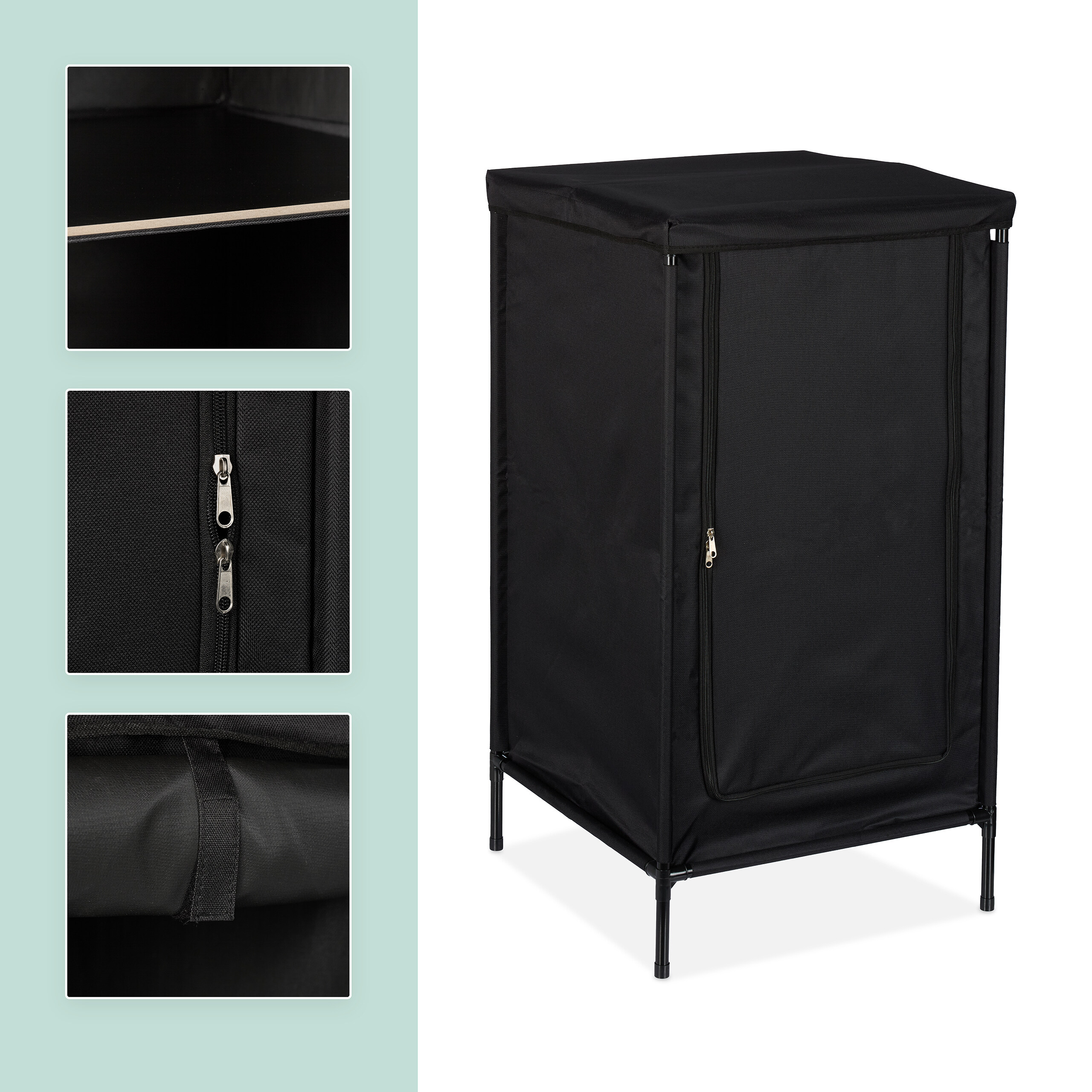 Ein schwarzer Stoffschrank mit Metallbeinen und Reißverschluss, mit Regal- und Banddetails links.