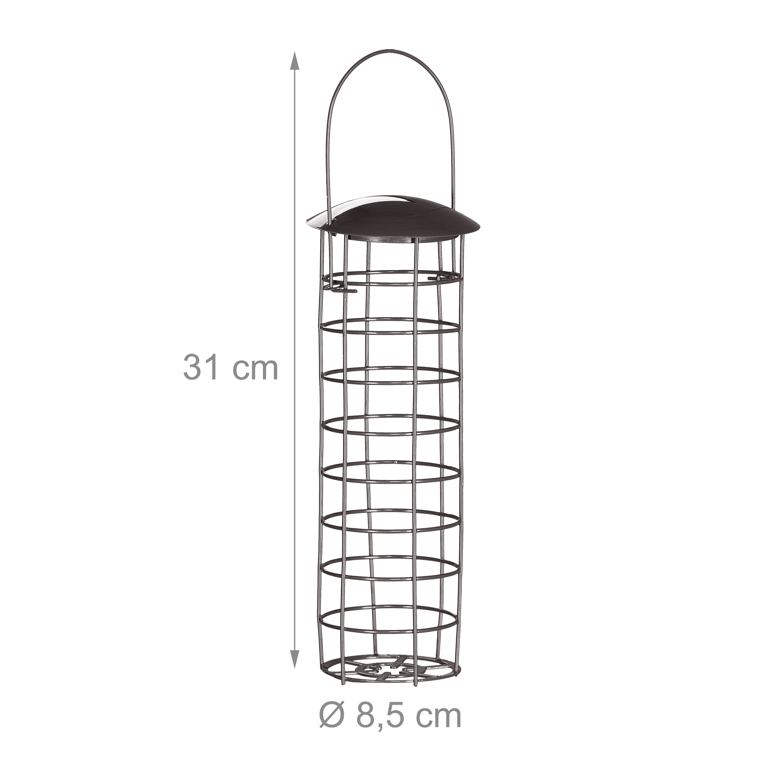 Grauer zylindrischer Vogelfutterspender aus Metall mit Maßen: 31 cm Höhe und 8,5 cm Durchmesser.