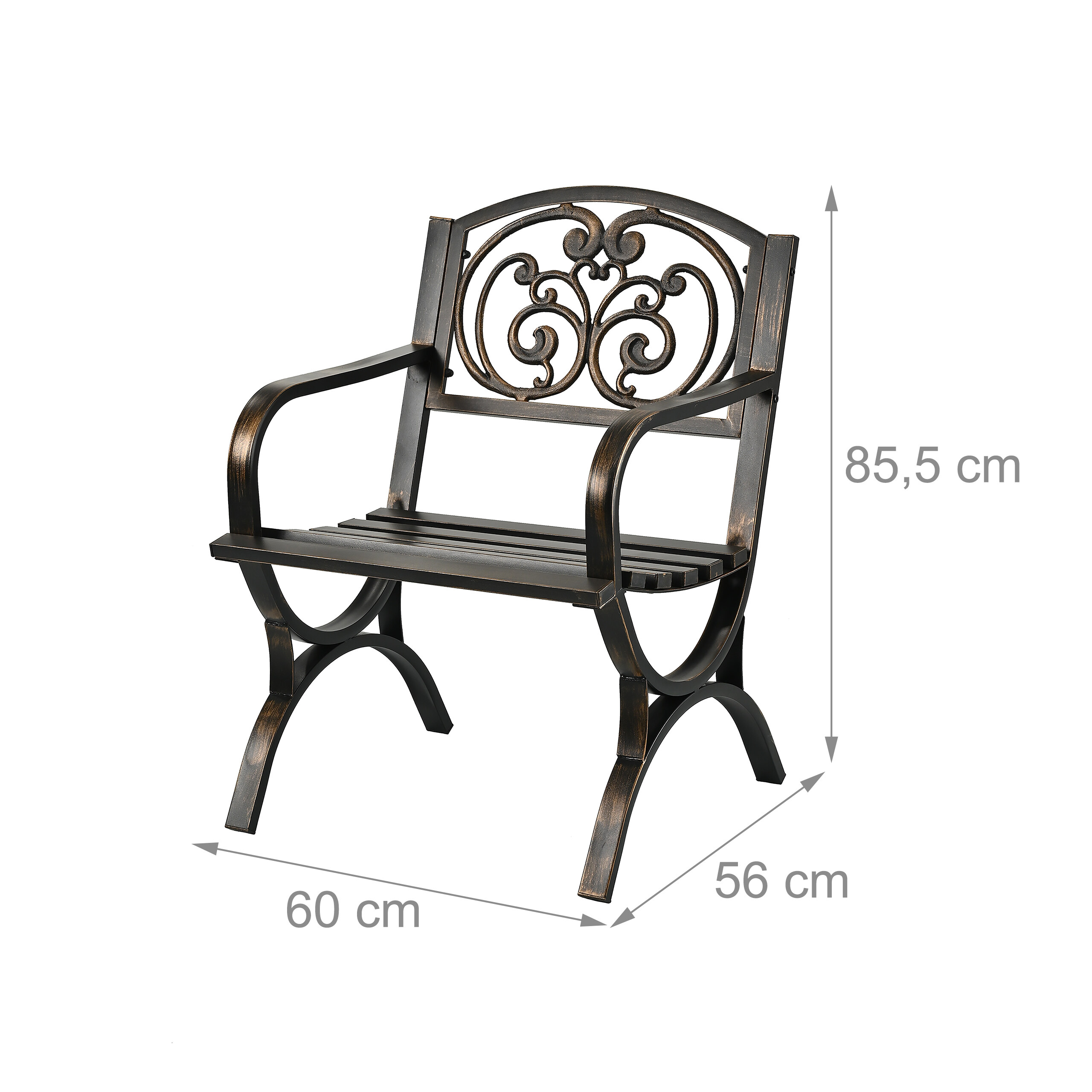 Schwarzer Metall-Gartenstuhl mit kunstvollem Rückendesign und Maßangaben.