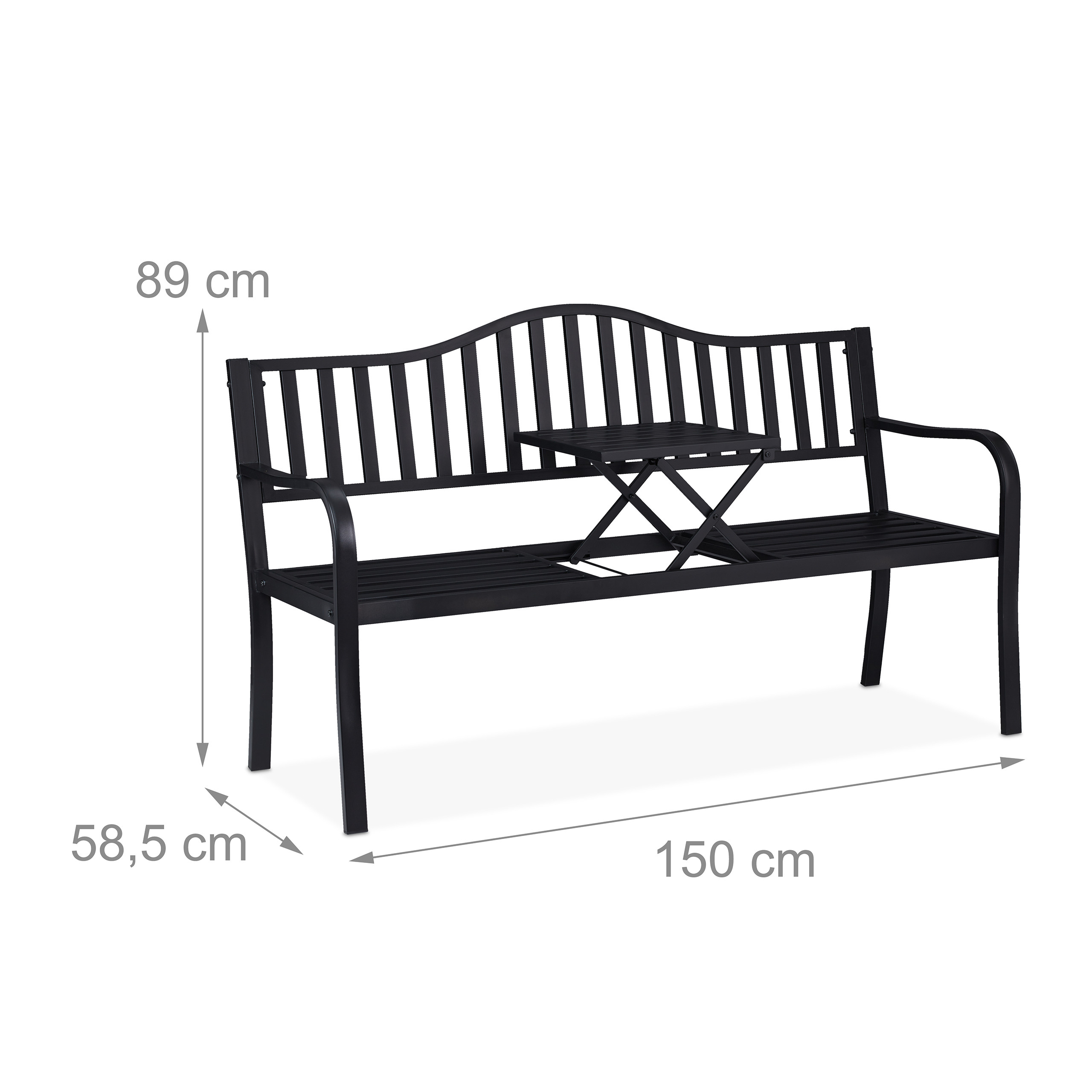 Schwarze Gartenbank aus Metall mit integriertem Klapptisch in der Mitte und Maßen.