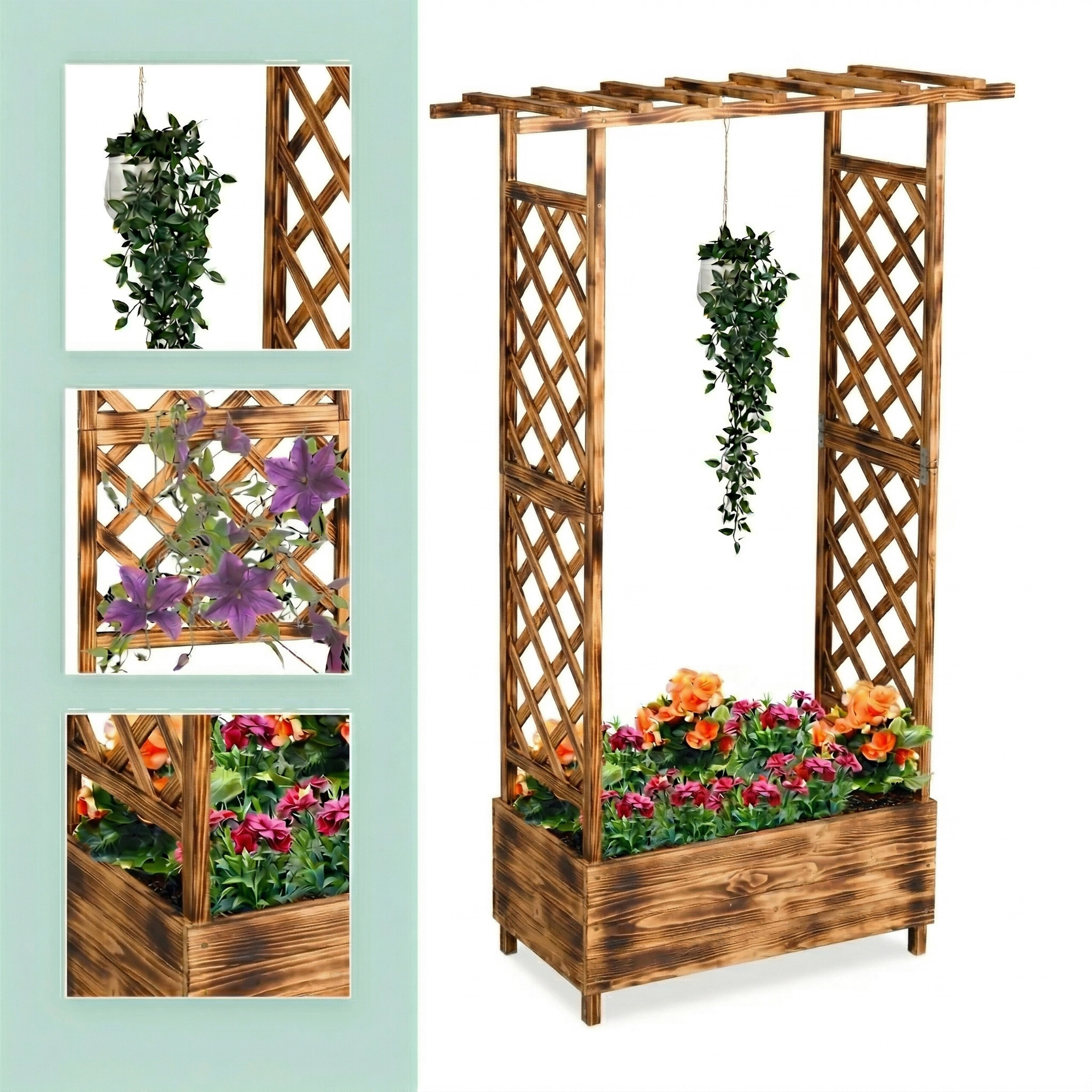 Ein hölzerner Gartenbogen mit Pflanzkasten, bunten Blumen, einer Hängepflanze und Rankgittern.