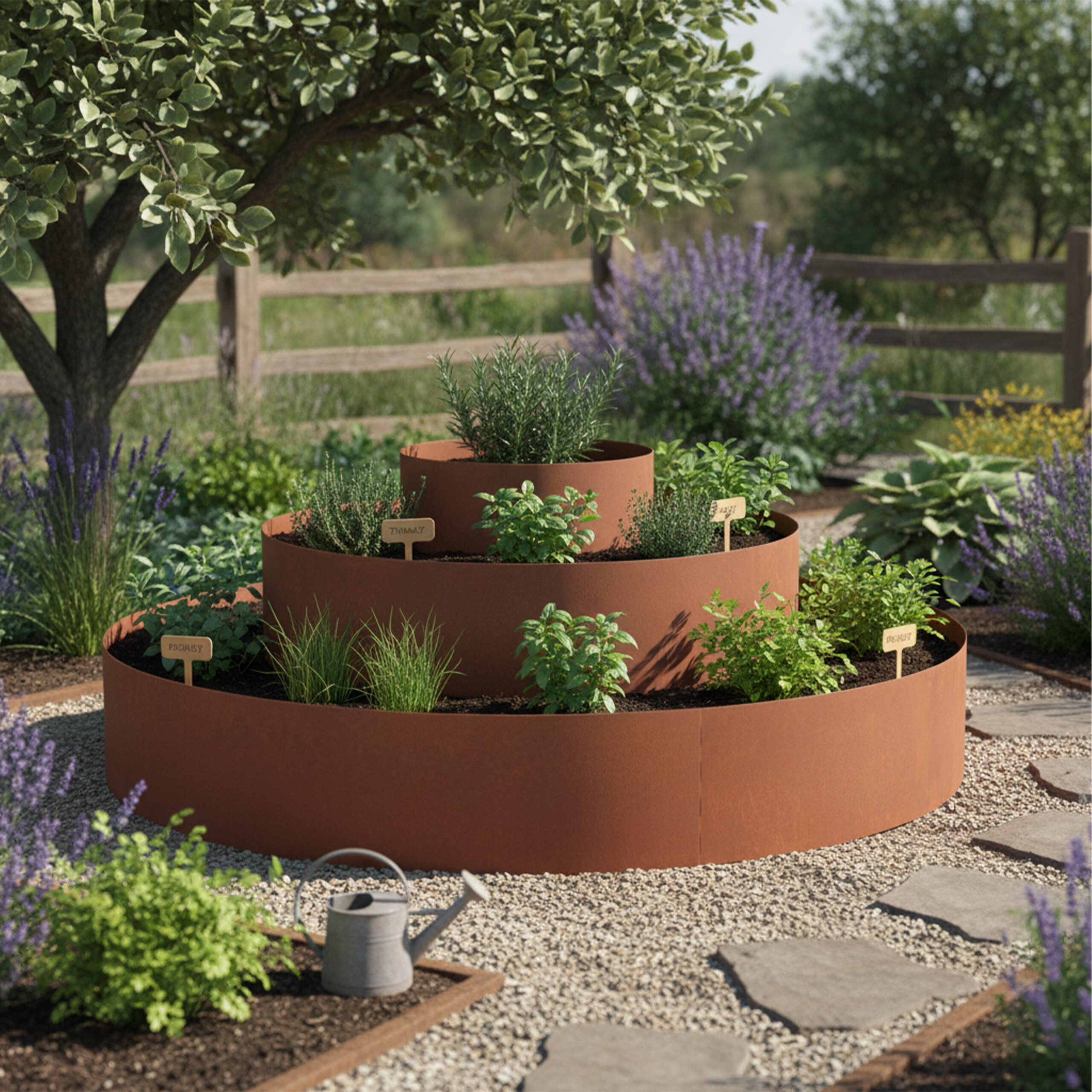 Ein mehrstufiges, rundes Hochbeet aus Cortenstahl mit verschiedenen Kräutern steht in einem sonnigen Garten.