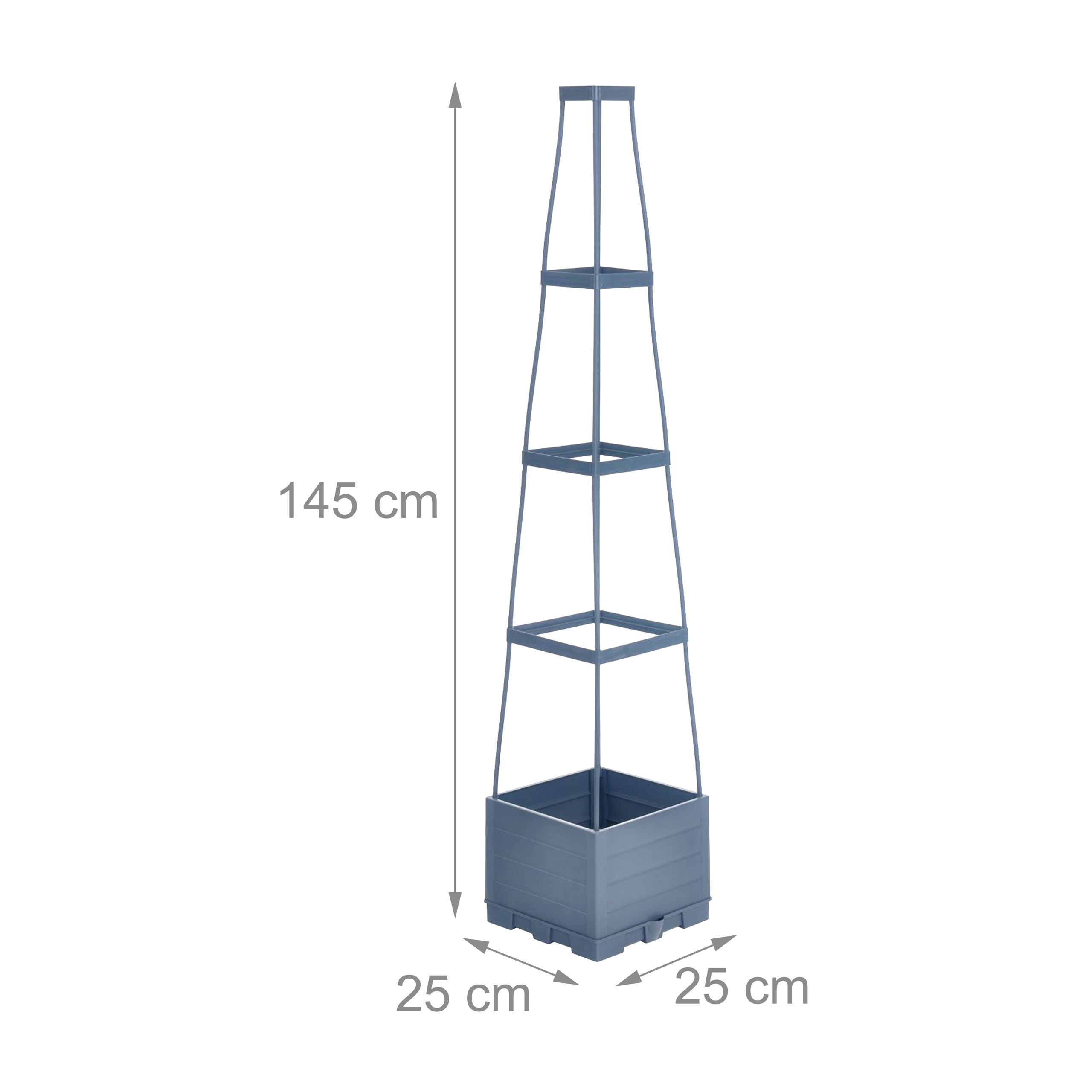 Ein blauer Pflanzkasten mit Obelisk-Rankgitter, 145 cm hoch, 25 cm breit und 25 cm tief.