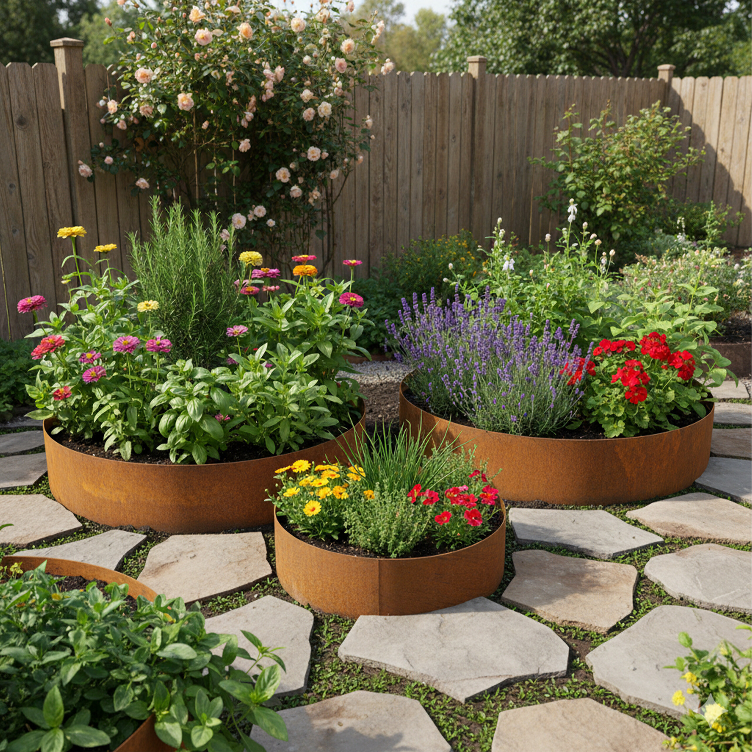Runde Metall-Hochbeete mit bunten Blumen und Kräutern, umgeben von Steinplatten im Garten.