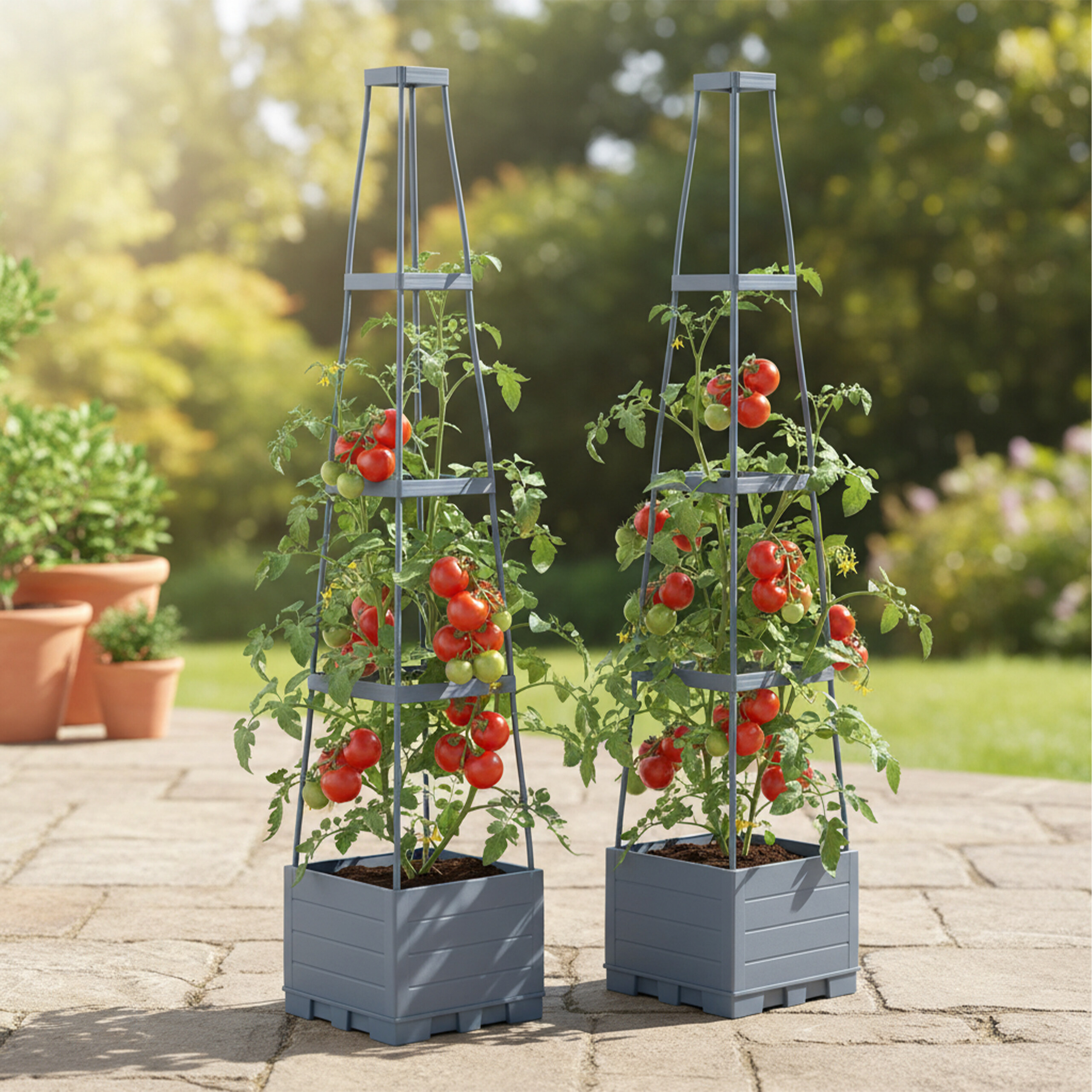 Zwei graue Obelisken-Rankhilfen mit wachsenden Tomatenpflanzen und roten Früchten in Pflanzkästen auf einer Terrasse.