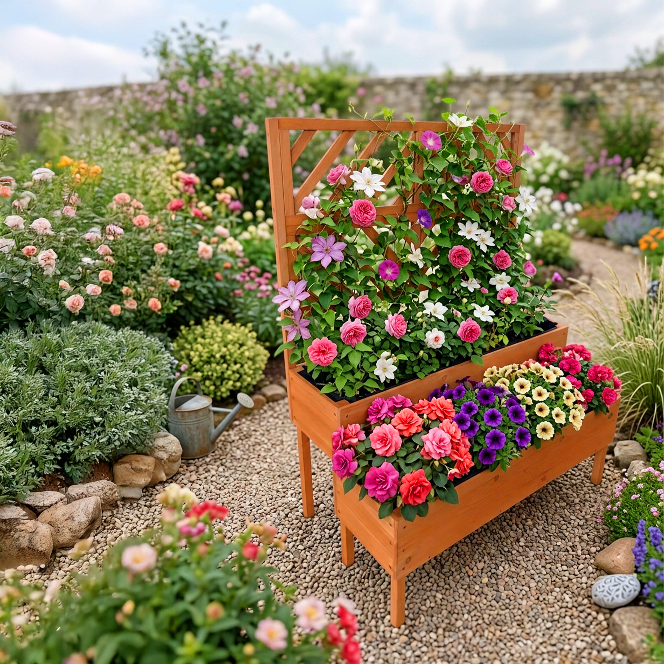 Ein Holzpflanzkasten mit Spalier und rosa, lila und weißen Blumen im sonnigen Garten mit Kieswegen.