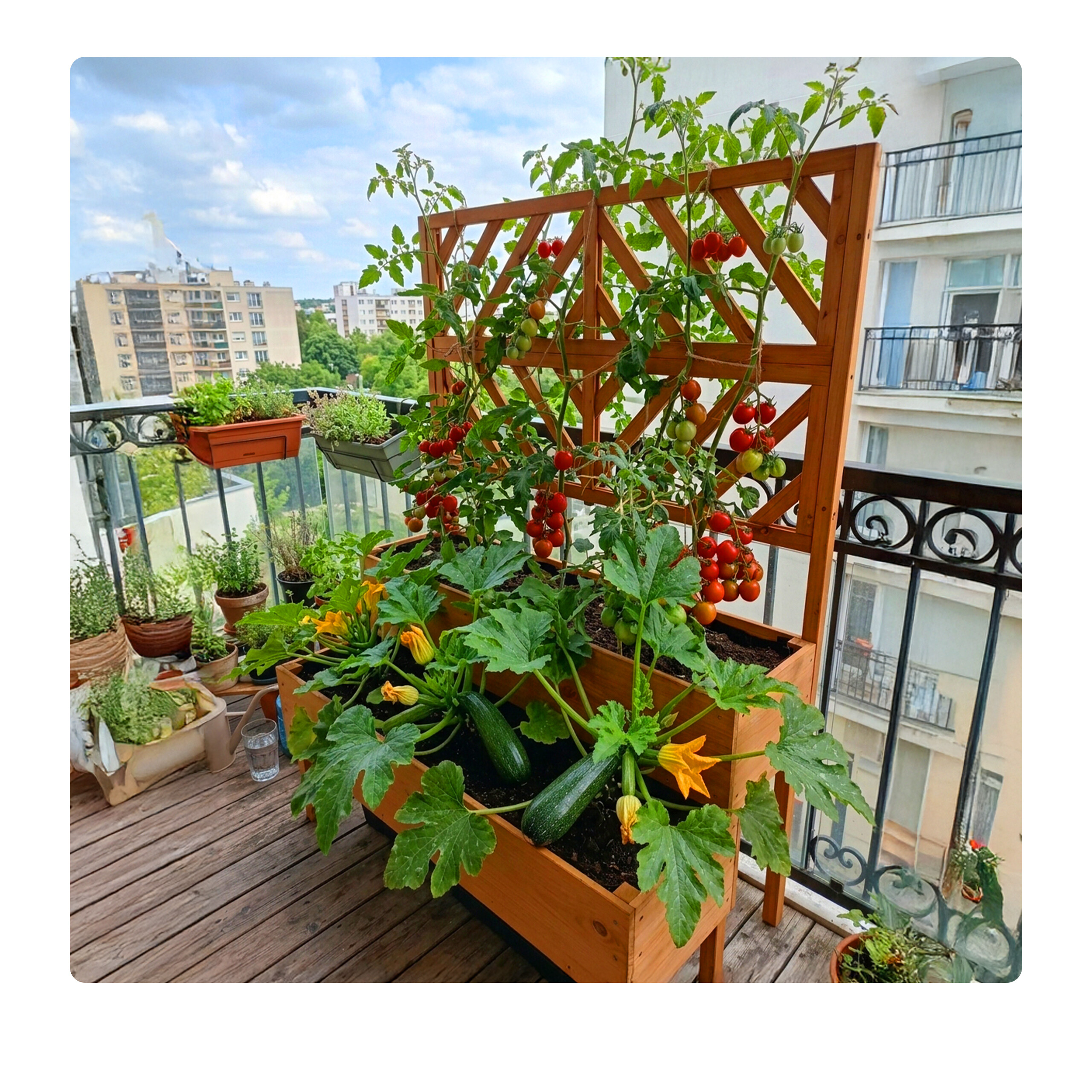Holzpflanzkasten auf einem Stadtbalkon mit Tomatenpflanzen und Zucchini.