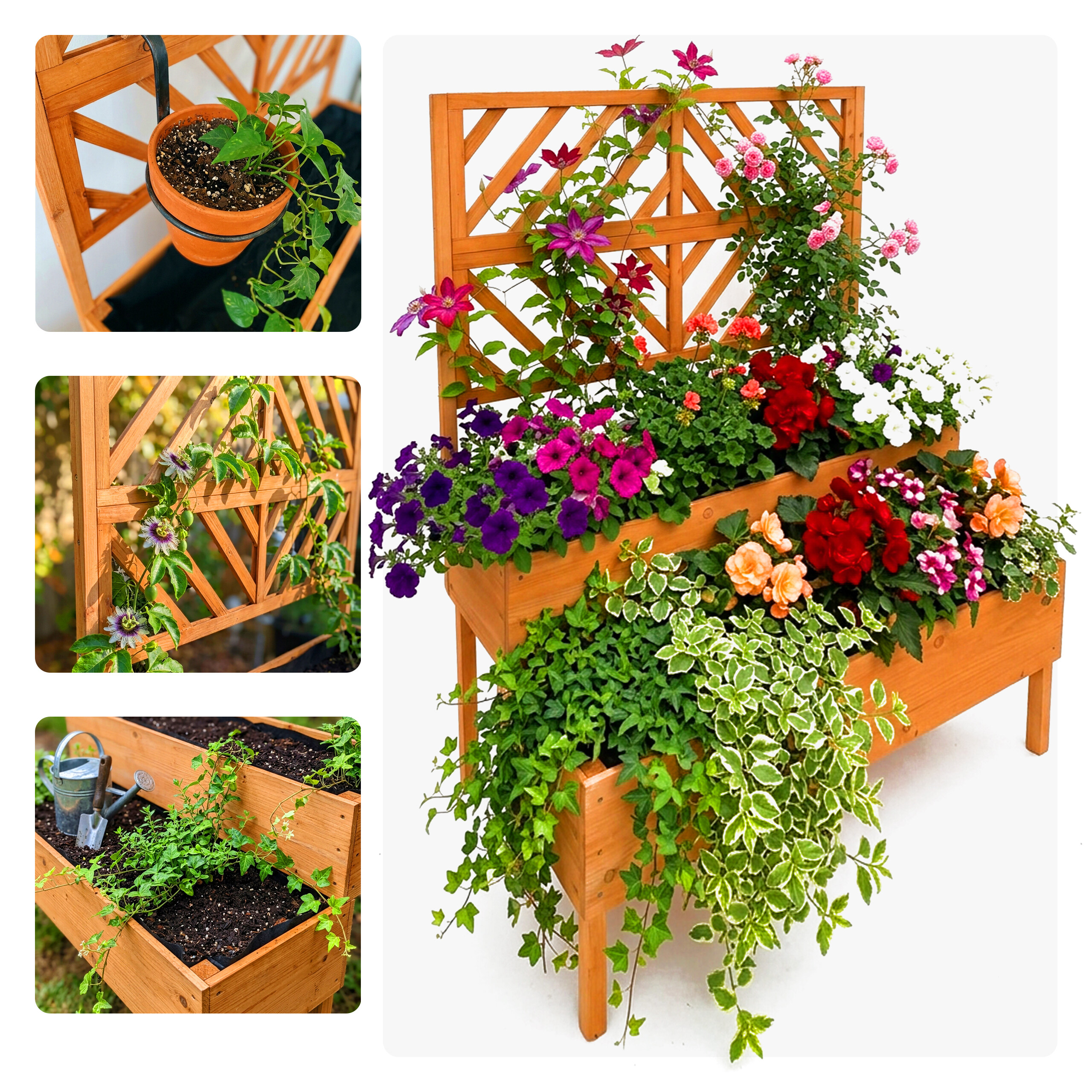 Ein hölzernes Hochbeet mit Spalier, gefüllt mit bunten Blumen, grünem Efeu und Kletterpflanzen.